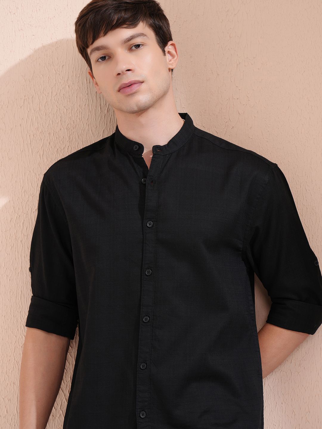Highlander Men Dobby Textured Solid Mandarin Collar Roll Up Sleeve Relaxed Shirt, Black
Highlander Men Dobby Textured Solid Mandarin Collar Roll Up Sleeve Relaxed Shirt, Black