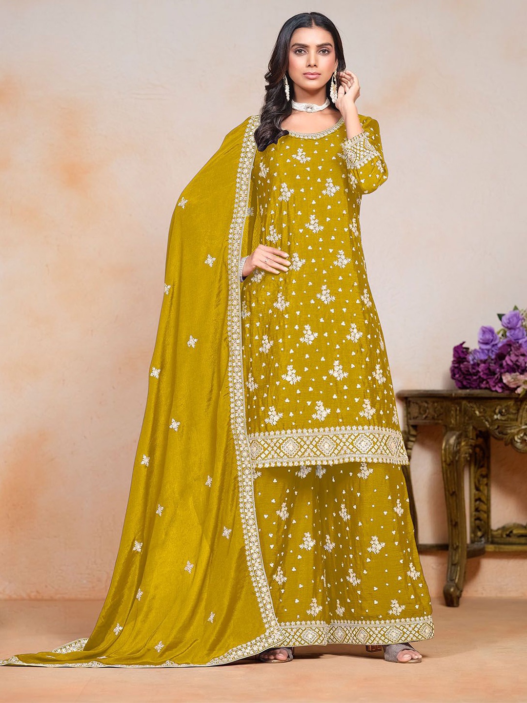 ODETTE Floral Embroidered Straight Beads and Stones Kurta with Palazzos & Dupatta, Yellow
ODETTE Floral Embroidered Straight Beads and Stones Kurta with Palazzos & Dupatta, Yellow