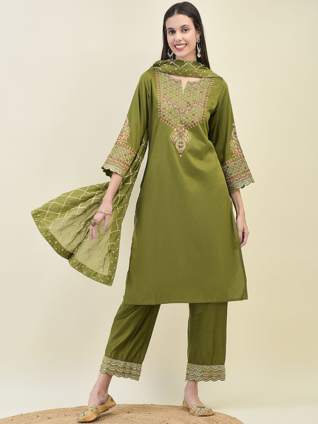 Shree Floral Embroidered Regular Mirror Work Liva Kurta With Trouser With Dupatta, Olive
Shree Floral Embroidered Regular Mirror Work Liva Kurta With Trouser With Dupatta, Olive