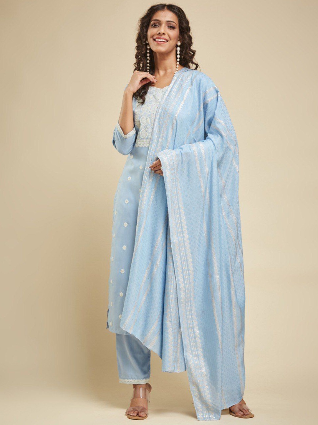 LADY SHOPI Ethnic Motifs Printed Thread Work Chanderi Silk Kurta With Sharara & Dupatta, Turquoise blue
LADY SHOPI Ethnic Motifs Printed Thread Work Chanderi Silk Kurta With Sharara & Dupatta, Turquoise blue