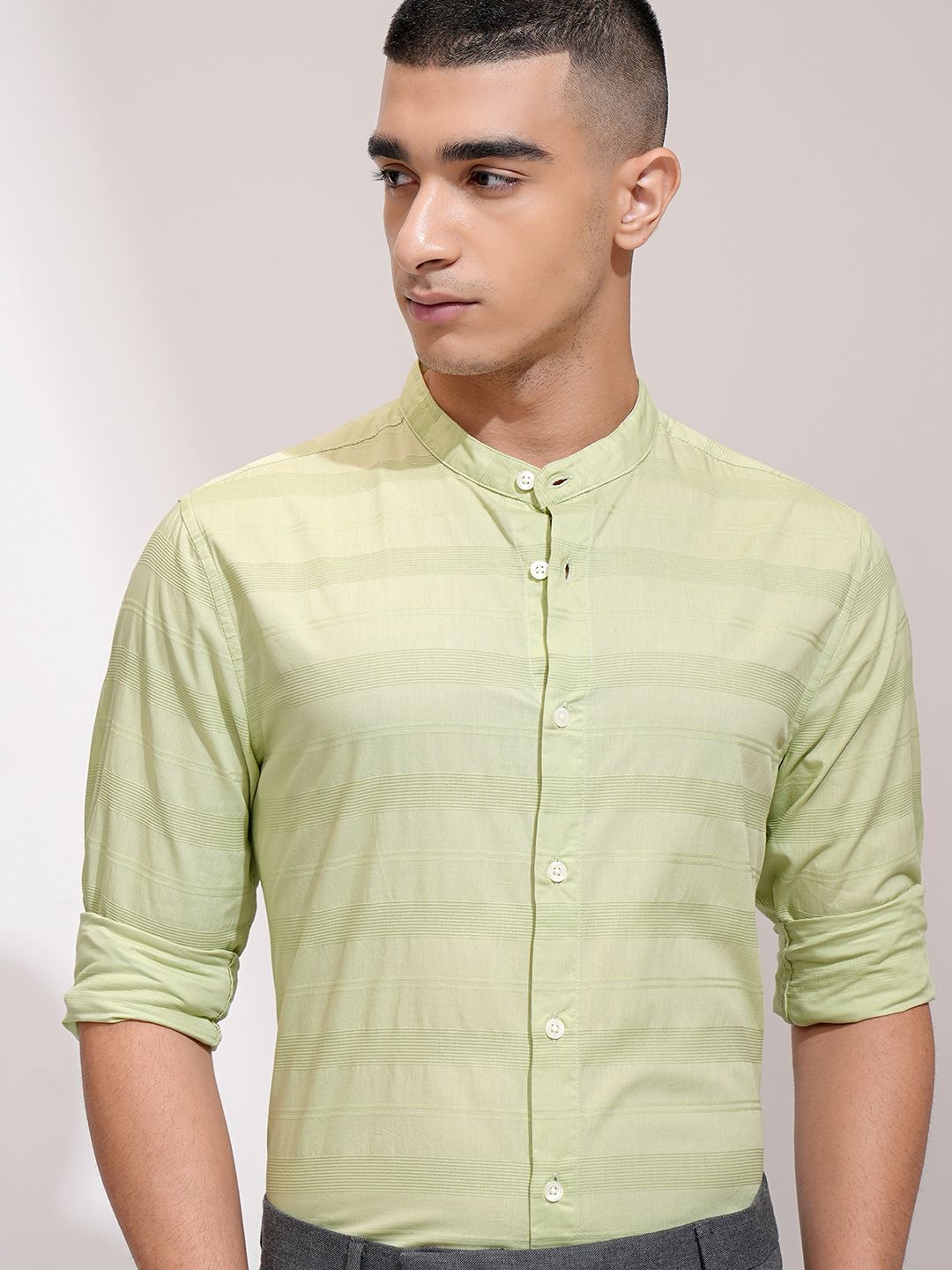 Highlander Men Dobby Textured Striped Mandarin Collar Regular Fit Casual Shirt, Green
Highlander Men Dobby Textured Striped Mandarin Collar Regular Fit Casual Shirt, Green