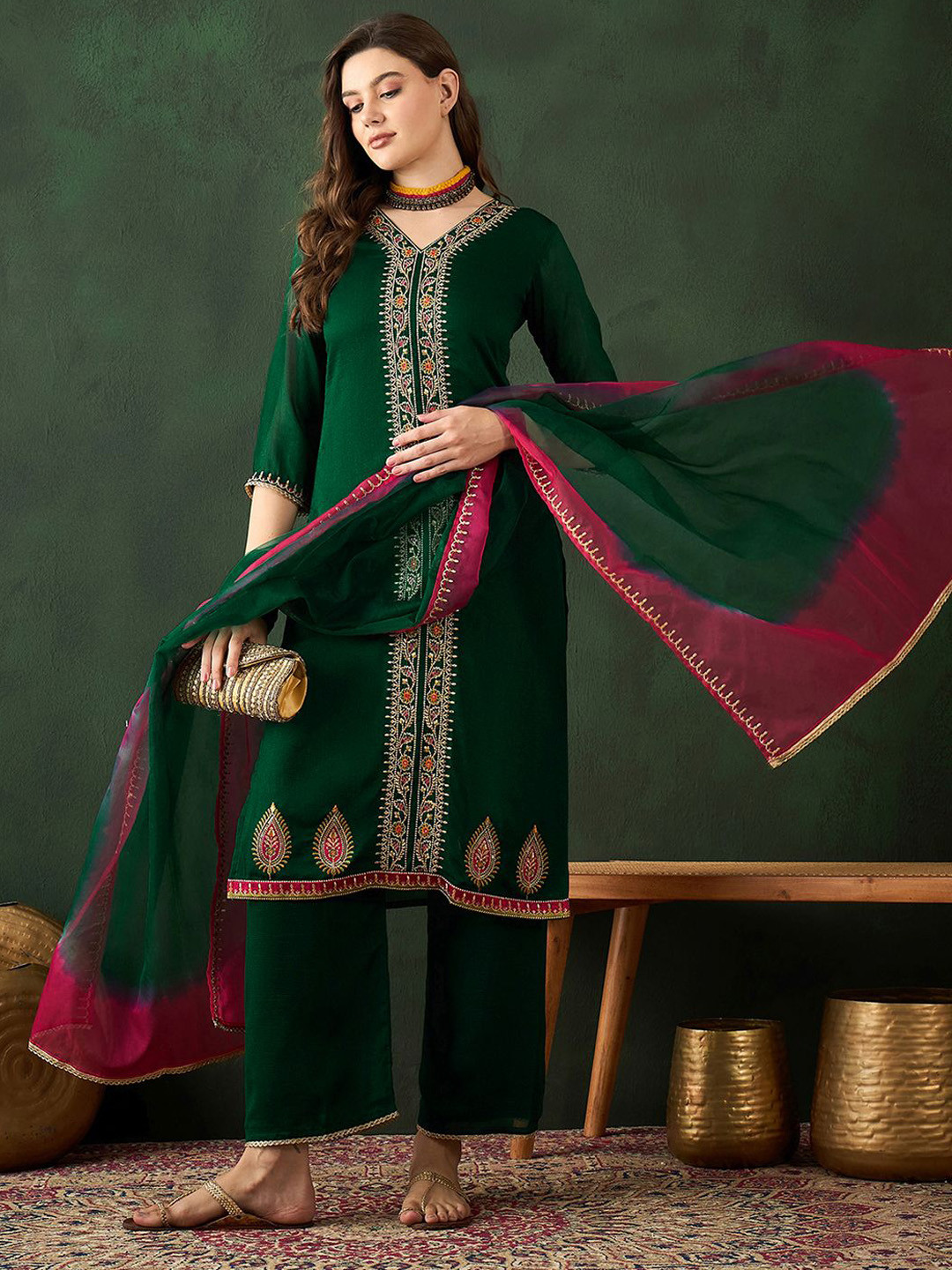 Sangria Green Floral Embroidered Thread Work Straight Kurta With Trousers & Dupatta
Sangria Green Floral Embroidered Thread Work Straight Kurta With Trousers & Dupatta