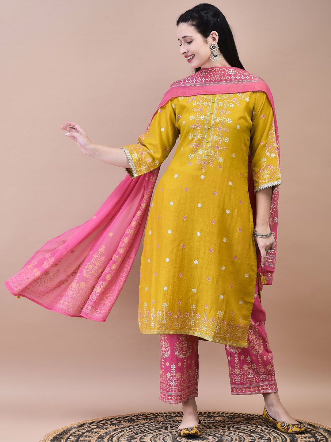 Shree Floral Printed Round Neck Regular Liva Kurta With Trouser With Dupatta, Mustard
Shree Floral Printed Round Neck Regular Liva Kurta With Trouser With Dupatta, Mustard