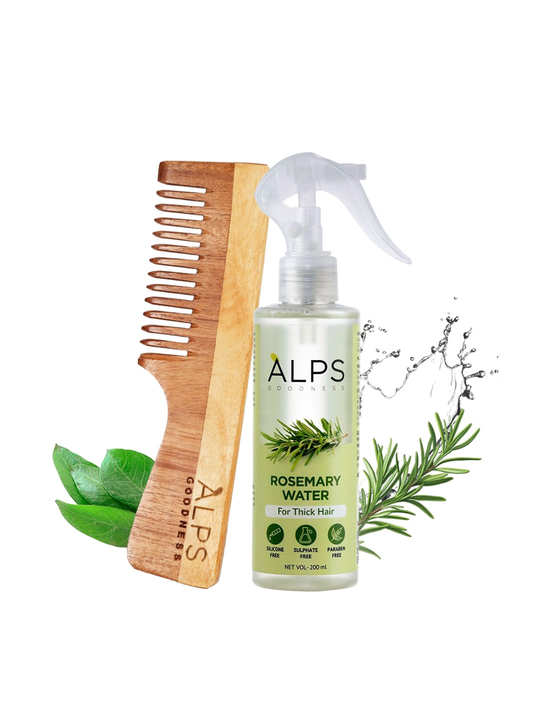 Alps Goodness Set Of 2 Healthy Hair Rosemary Water Spray 200 ml With Neem Wood Comb, Green
Alps Goodness Set Of 2 Healthy Hair Rosemary Water Spray 200 ml With Neem Wood Comb, Green
