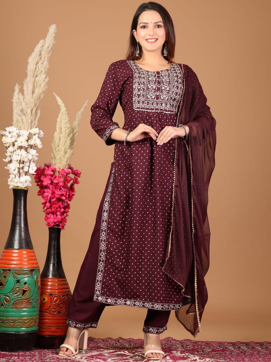 Fabinn Ethnic Motifs Printed Thread Work A-Line Kurta With Trousers & Dupatta, Brown
Fabinn Ethnic Motifs Printed Thread Work A-Line Kurta With Trousers & Dupatta, Brown