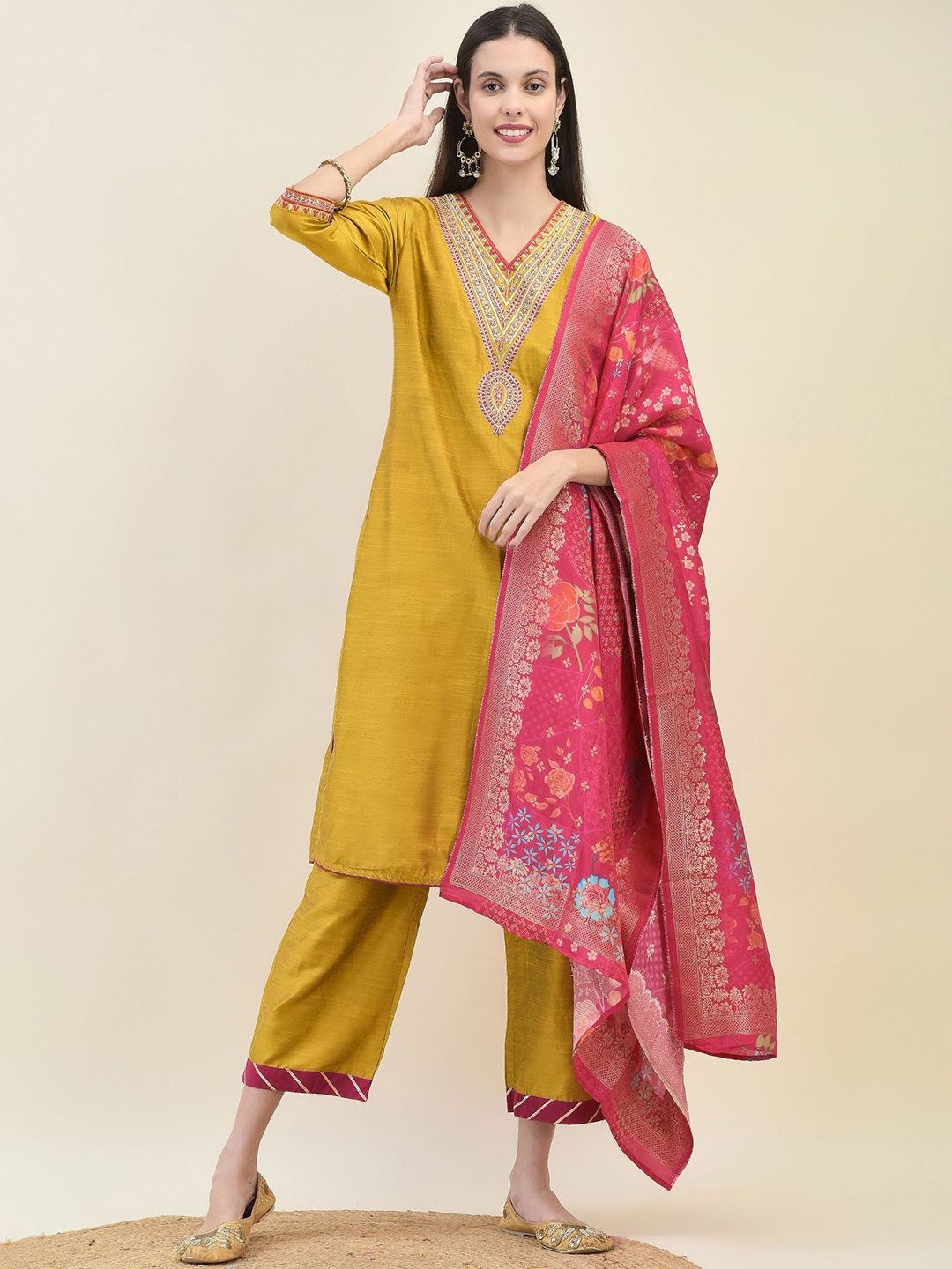 Shree Floral Yoke Design Thread Work Jacquard Weave Straight Kurta with Trousers & Dupatta, Mustard
Shree Floral Yoke Design Thread Work Jacquard Weave Straight Kurta with Trousers & Dupatta, Mustard