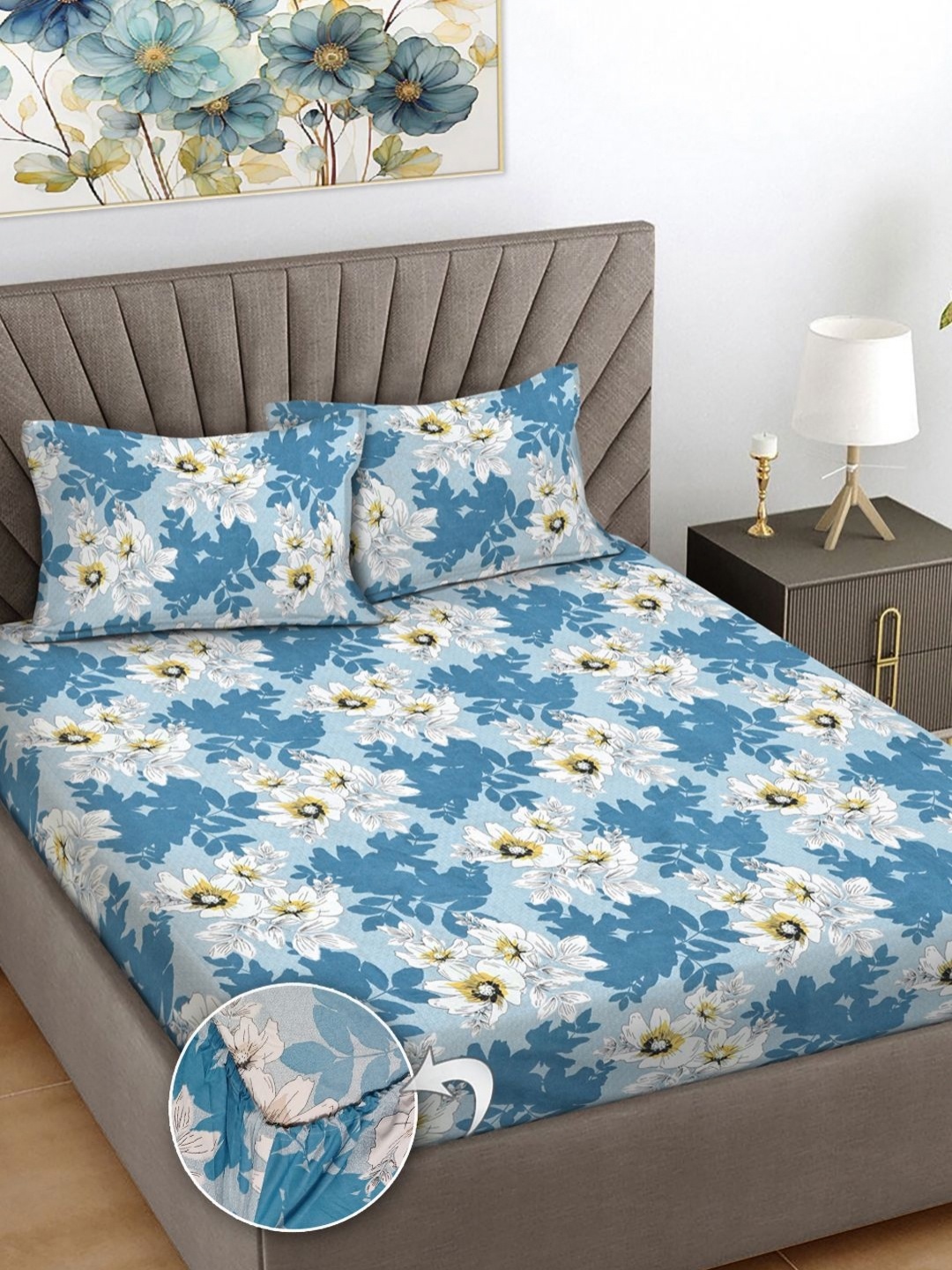 FABINALIV Blue & White Floral Print 300 TC Fitted King Bedsheet & 2 Pillow Covers
FABINALIV Blue & White Floral Print 300 TC Fitted King Bedsheet & 2 Pillow Covers