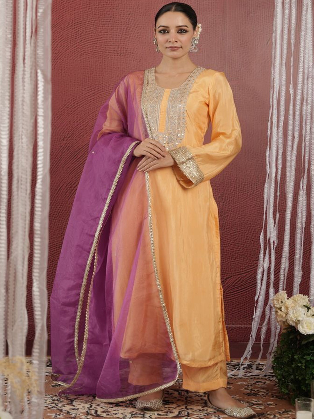 OneWe Floral Yoke Design Zari and Sequinned Pure Silk Kurta With Trousers & Dupatta, Yellow
OneWe Floral Yoke Design Zari and Sequinned Pure Silk Kurta With Trousers & Dupatta, Yellow
