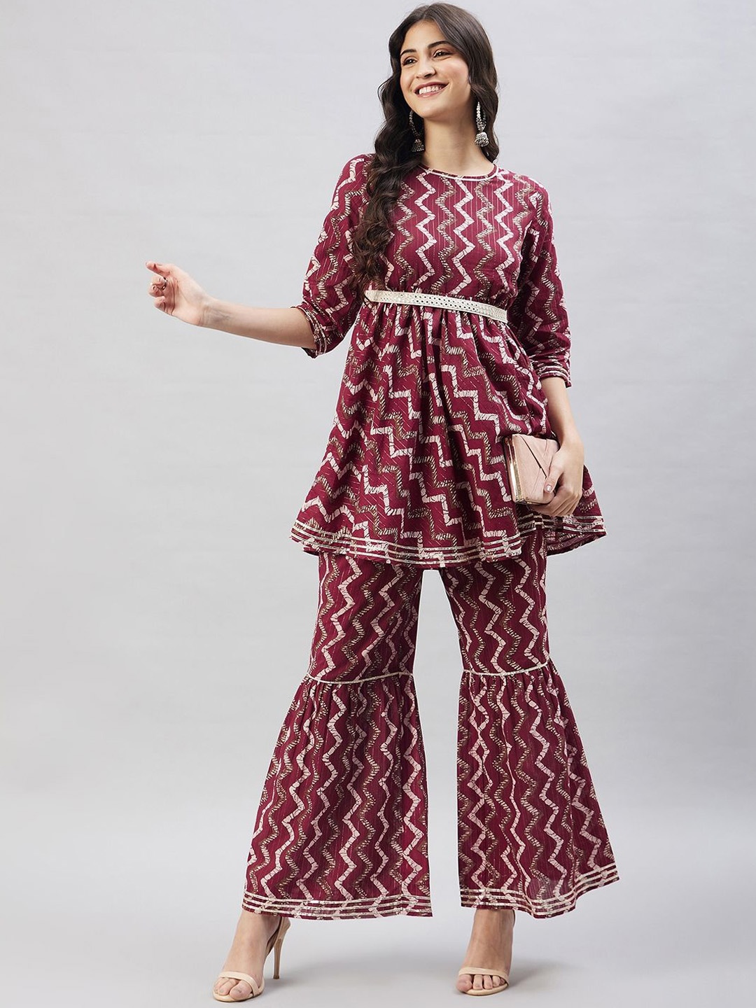 WineRed Chevron Printed Regular Mirror Work Pure Cotton A-Line Kurta With Sharara, Maroon
WineRed Chevron Printed Regular Mirror Work Pure Cotton A-Line Kurta With Sharara, Maroon