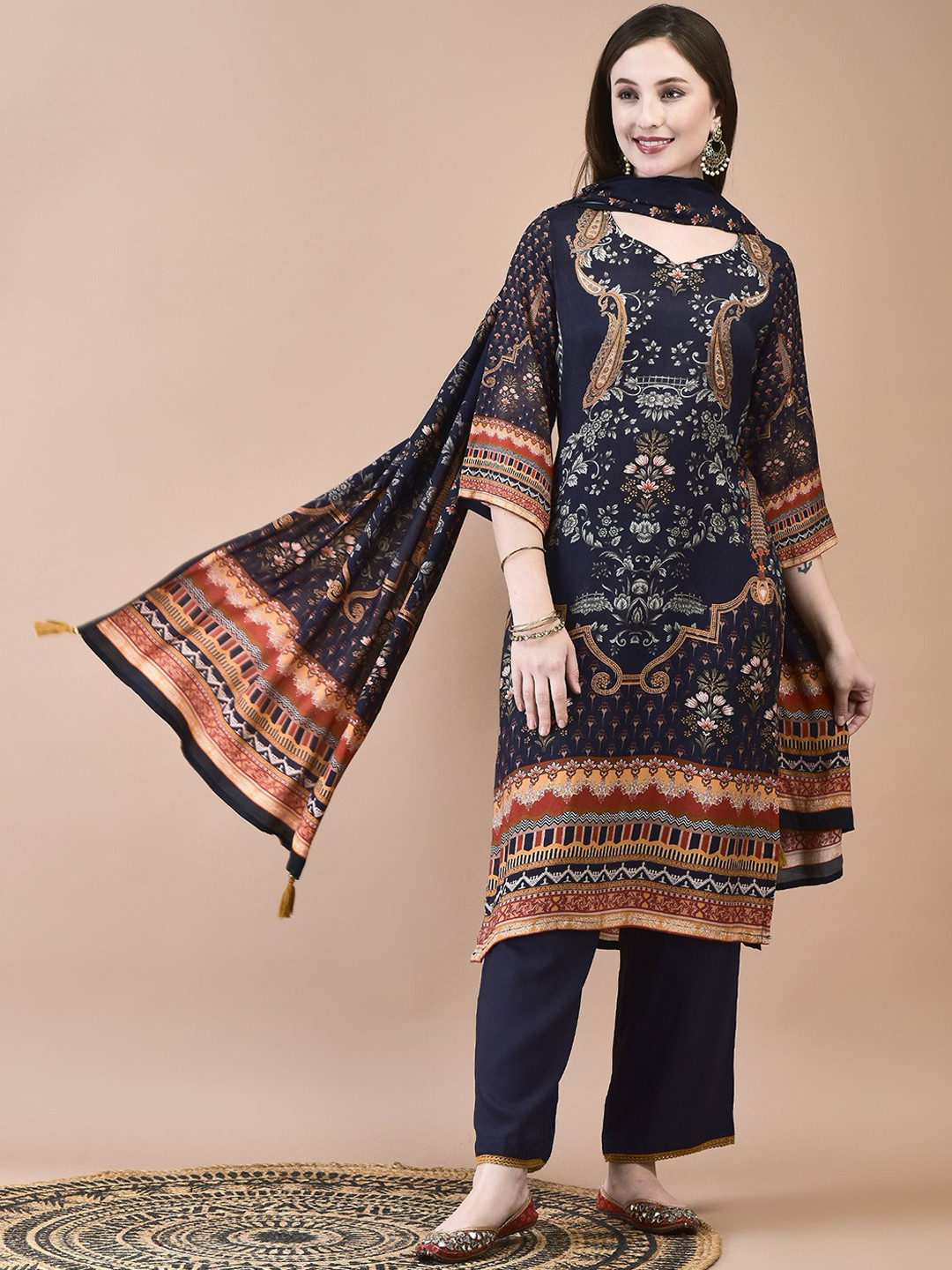 Shree Paisley Printed Sweetheart Neck Flared Sleeves Kurta with Trousers & Dupatta, Navy blue
Shree Paisley Printed Sweetheart Neck Flared Sleeves Kurta with Trousers & Dupatta, Navy blue