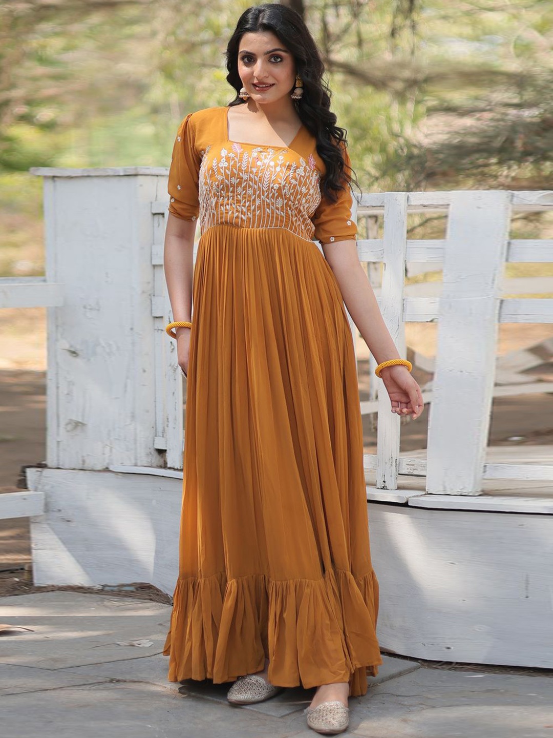 KALINI Floral Embroidered Square Neck Gathered Georgette Fit & Flare Maxi Ethnic Dress, Yellow
KALINI Floral Embroidered Square Neck Gathered Georgette Fit & Flare Maxi Ethnic Dress, Yellow