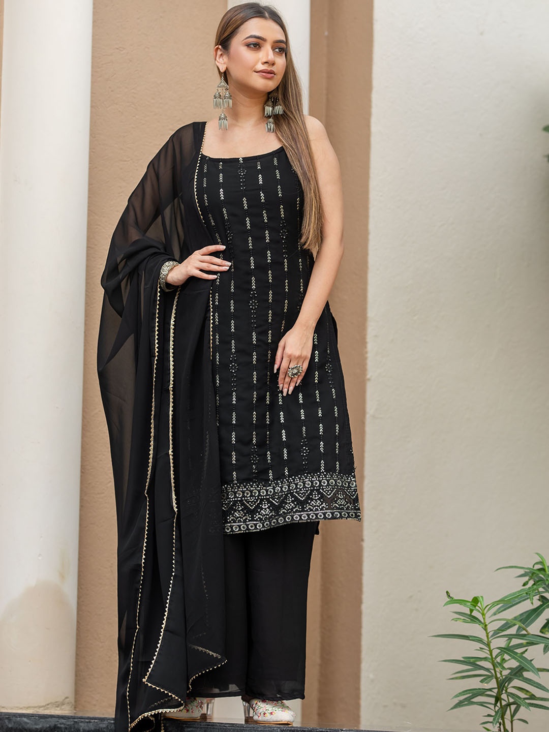 KALINI Floral Embroidered Shoulder Straps Sequined Kurta With Palazzos & Dupatta, Black
KALINI Floral Embroidered Shoulder Straps Sequined Kurta With Palazzos & Dupatta, Black