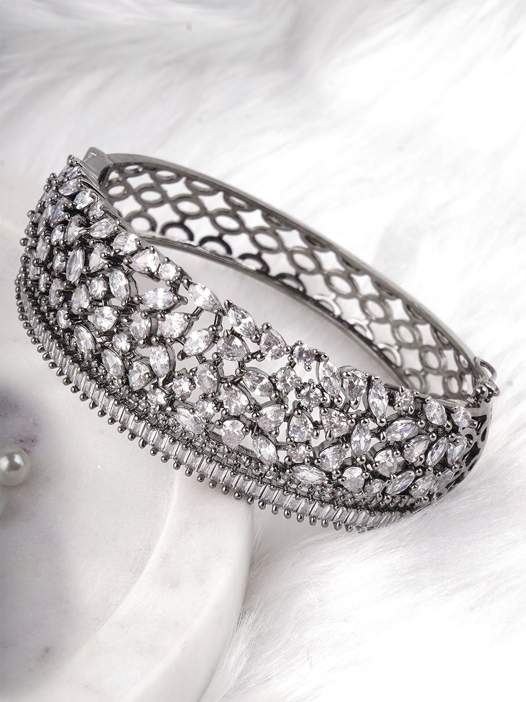 Adwitiya Collection Silver-Plated American Diamond Studded Bangle-Style Bracelet
Adwitiya Collection Silver-Plated American Diamond Studded Bangle-Style Bracelet