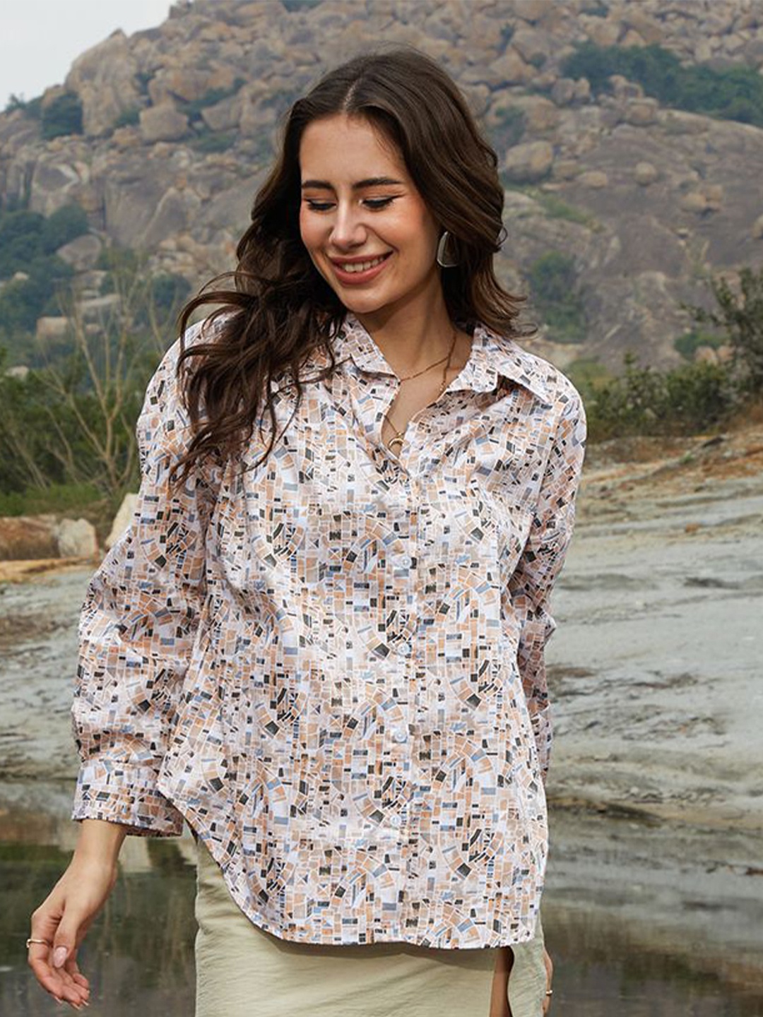 Campus Sutra Women Comfort Spread Collar Abstract Printed Oversized Casual Shirt, Beige
Campus Sutra Women Comfort Spread Collar Abstract Printed Oversized Casual Shirt, Beige