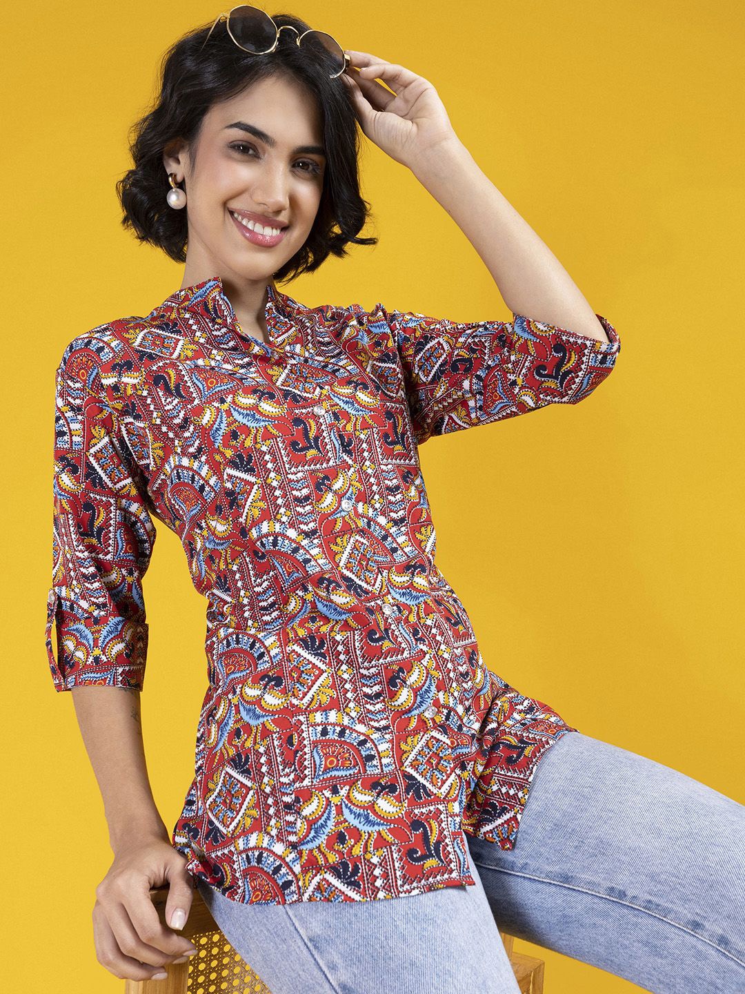KALINI Women Classic Mandarin Collar Ethnic Motifs Printed Casual Shirt, Maroon
KALINI Women Classic Mandarin Collar Ethnic Motifs Printed Casual Shirt, Maroon
