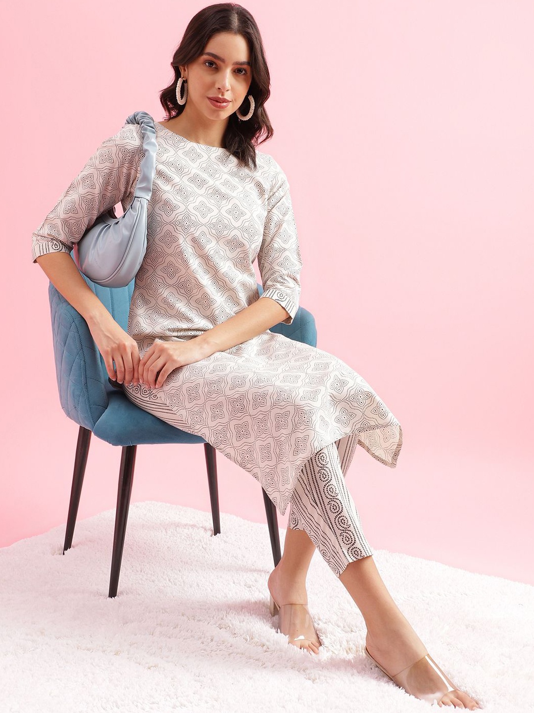 KALINI Floral Printed Round Neck Three Quarter Sleeves Straight Kurta With Trousers, Off white
KALINI Floral Printed Round Neck Three Quarter Sleeves Straight Kurta With Trousers, Off white