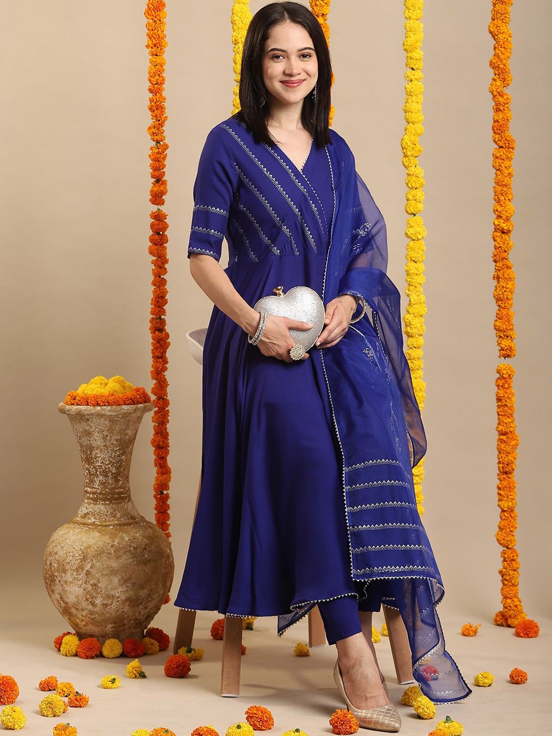 Anni Designer Geometric Printed V-Neck Gotta Patti Anarkali Kurta With Trousers & Dupatta, Blue
Anni Designer Geometric Printed V-Neck Gotta Patti Anarkali Kurta With Trousers & Dupatta, Blue
