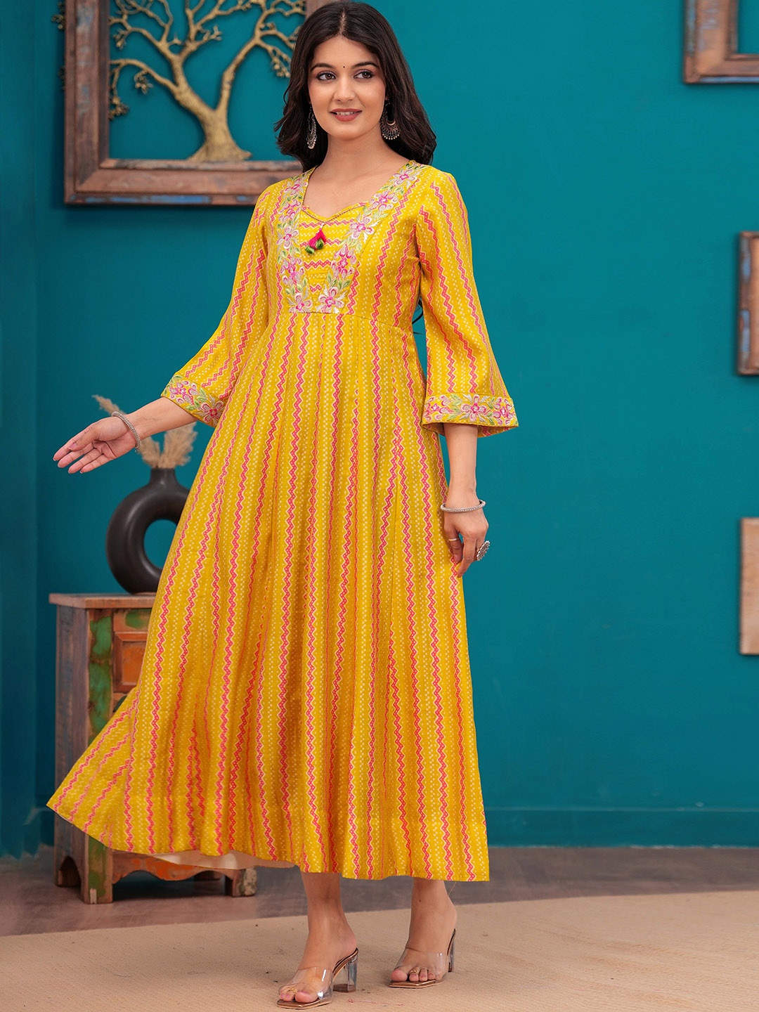 Meeranshi Women Geometric Printed & Embroidered Fit & Flared Maxi Ethnic Dress, Yellow
Meeranshi Women Geometric Printed & Embroidered Fit & Flared Maxi Ethnic Dress, Yellow