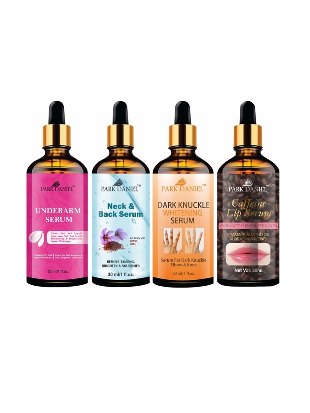 Park Daniel Set Of 4 Underarm, Neck & Back, Knuckle Whitening & Lip Serum - 30 ml Each, Black
Park Daniel Set Of 4 Underarm, Neck & Back, Knuckle Whitening & Lip Serum - 30 ml Each, Black