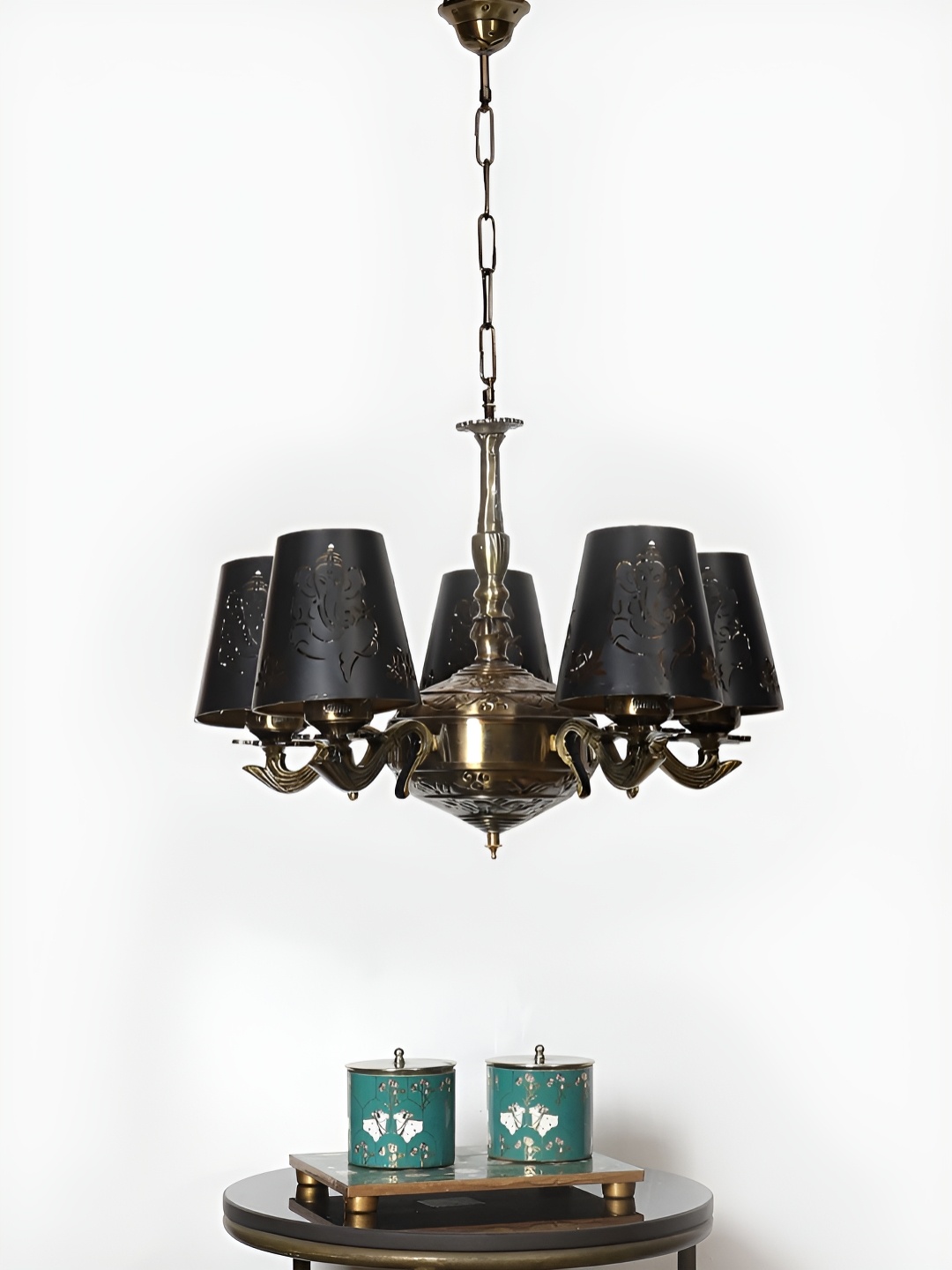 Devansh Black Ganesh Ji Metal Etched shade with Antique Golden Chandelier Ceiling Lamp
Devansh Black Ganesh Ji Metal Etched shade with Antique Golden Chandelier Ceiling Lamp