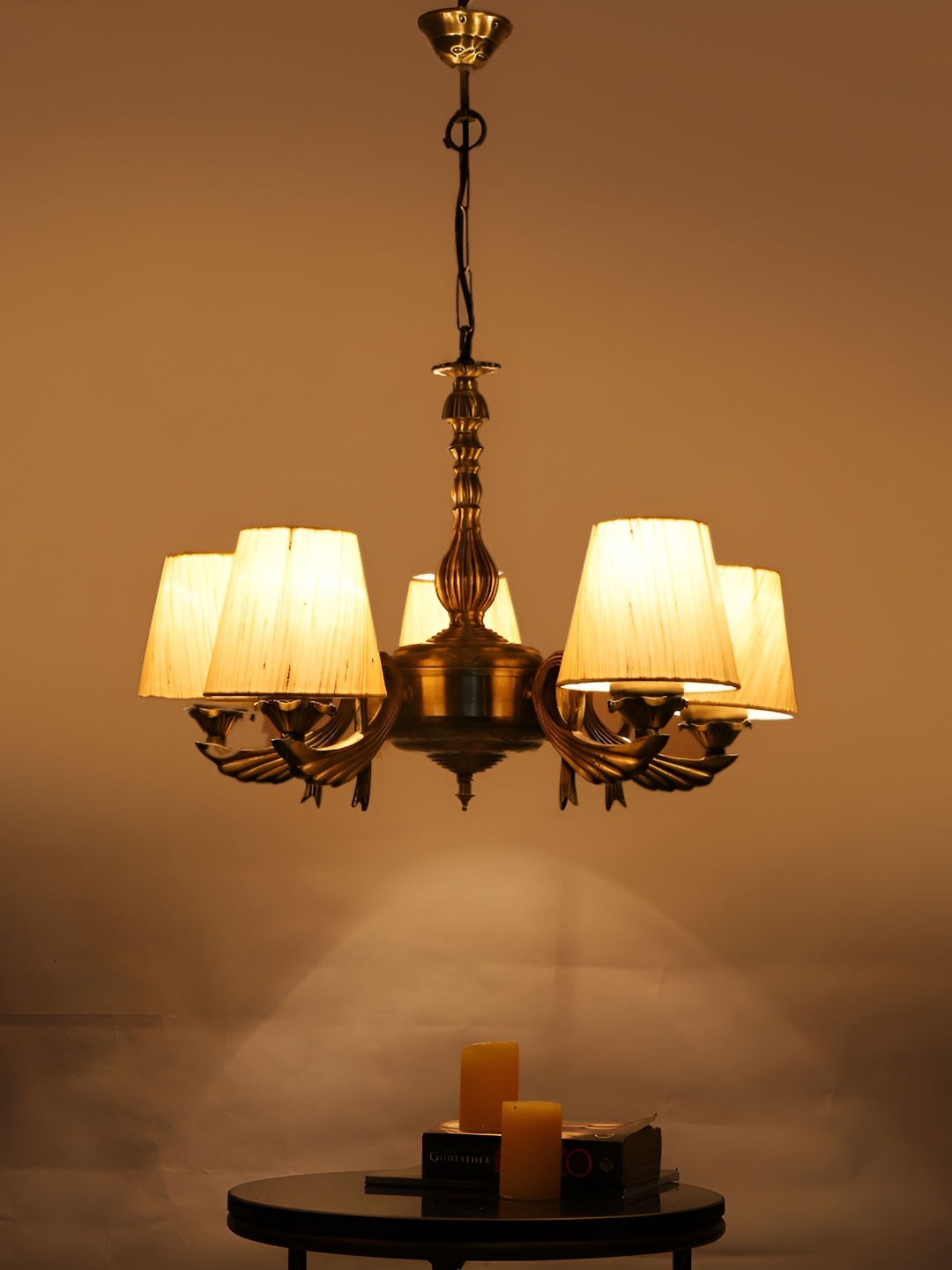 Devansh Off White Conical Cotton shade with Antique Golden Chandelier Metal Ceiling Lamp
Devansh Off White Conical Cotton shade with Antique Golden Chandelier Metal Ceiling Lamp