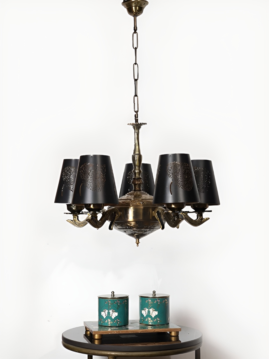 Devansh Black Textured Metal leaf Etched shade with Antique Golden Chandelier Ceiling Lamp
Devansh Black Textured Metal leaf Etched shade with Antique Golden Chandelier Ceiling Lamp