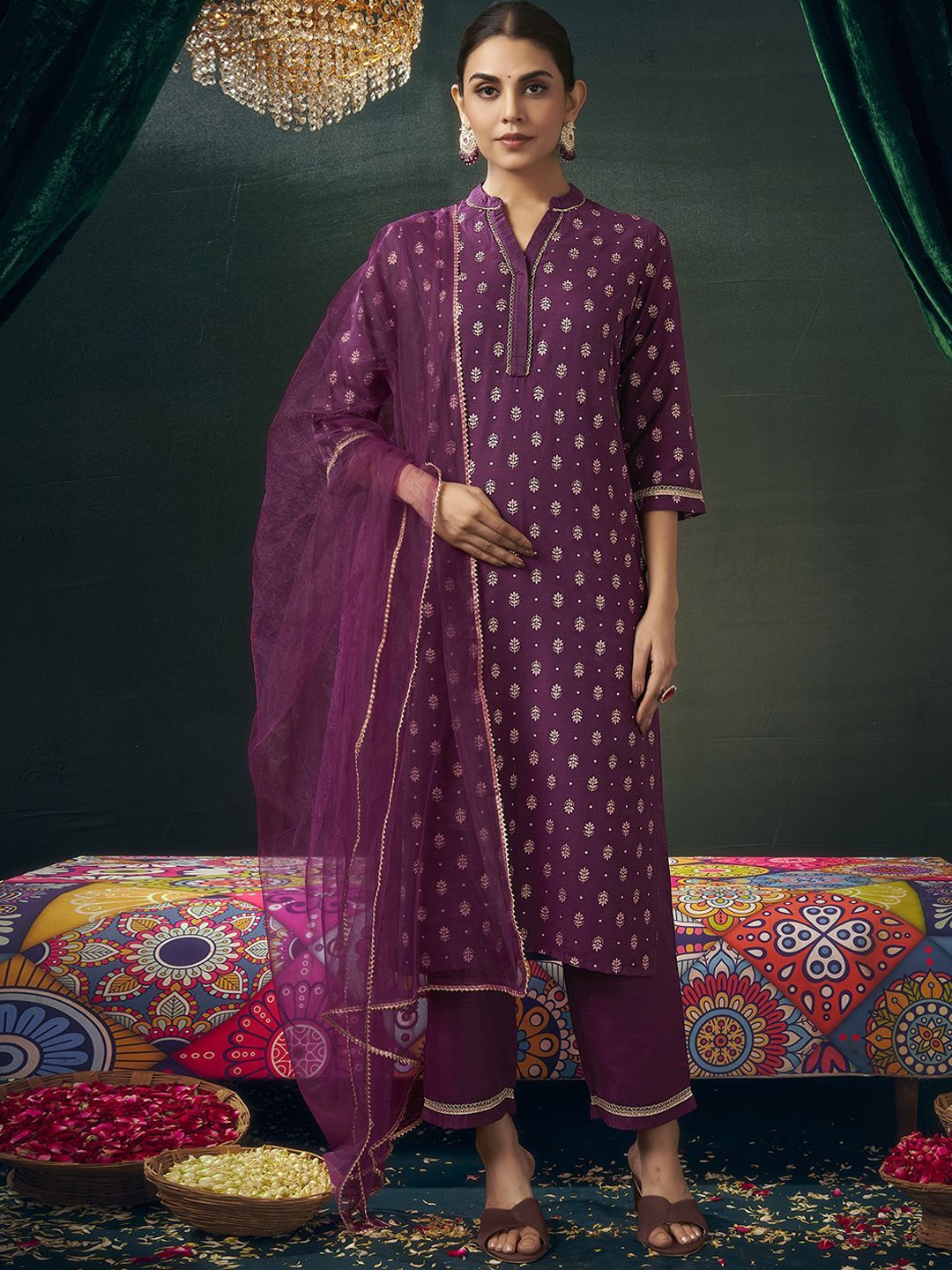 KALINI Ethnic Motifs Printed Mandarin Collar Straight Kurta With Trousers & Dupatta, Purple
KALINI Ethnic Motifs Printed Mandarin Collar Straight Kurta With Trousers & Dupatta, Purple