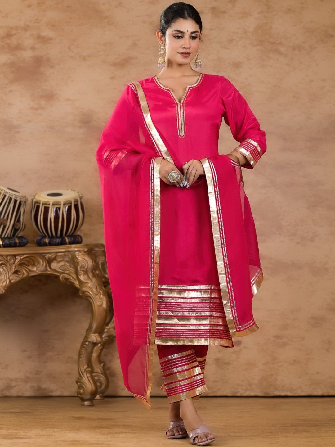 AUTUMN LANE Gotta Patti Cotton Silk Regular Straight Kurta with Trousers & Dupatta, Pink
AUTUMN LANE Gotta Patti Cotton Silk Regular Straight Kurta with Trousers & Dupatta, Pink