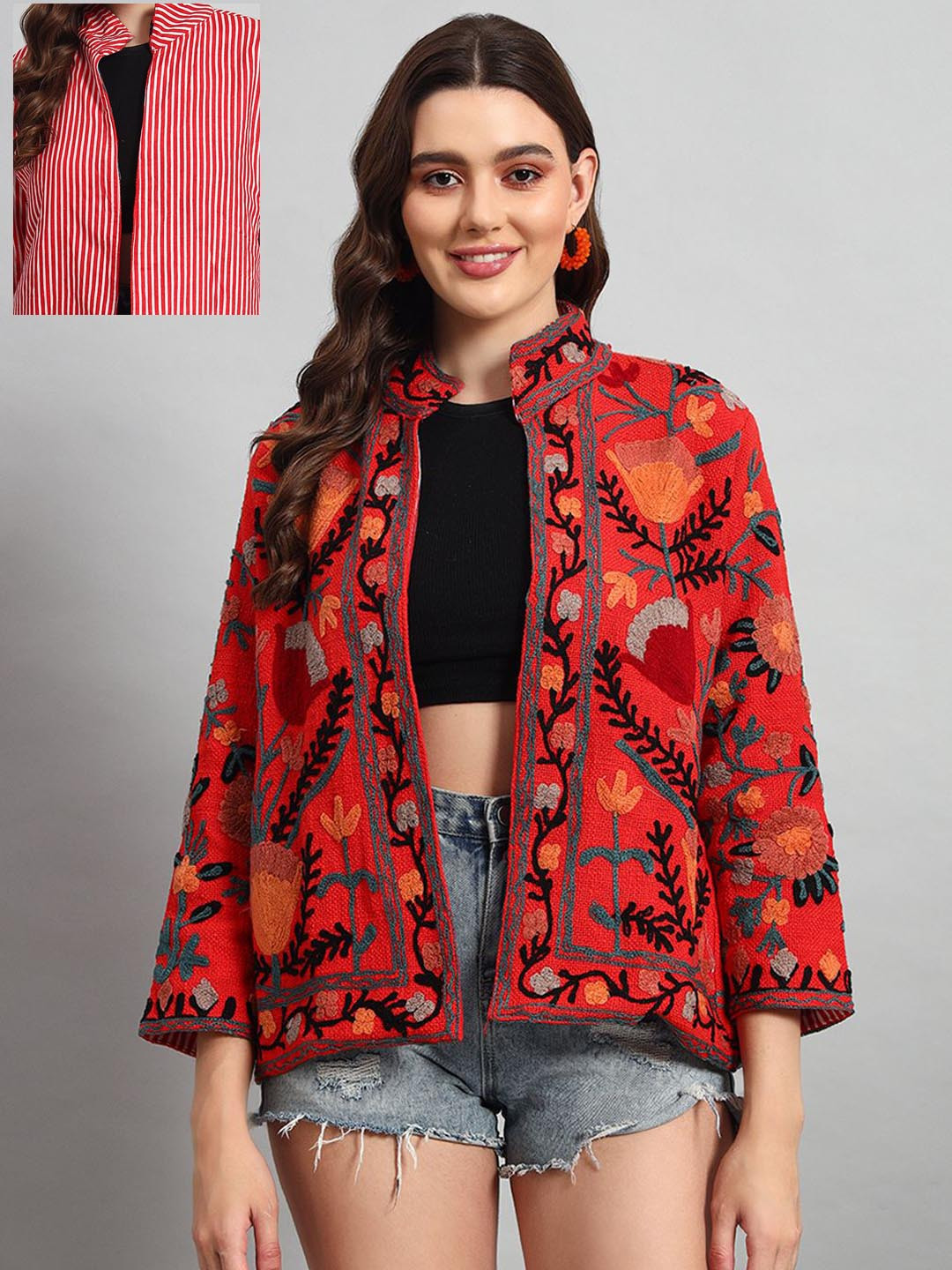 HANDICRAFT PALACE Women Floral Embroidered Cotton Ethnic Open Front Reversible Jacket, Red
HANDICRAFT PALACE Women Floral Embroidered Cotton Ethnic Open Front Reversible Jacket, Red