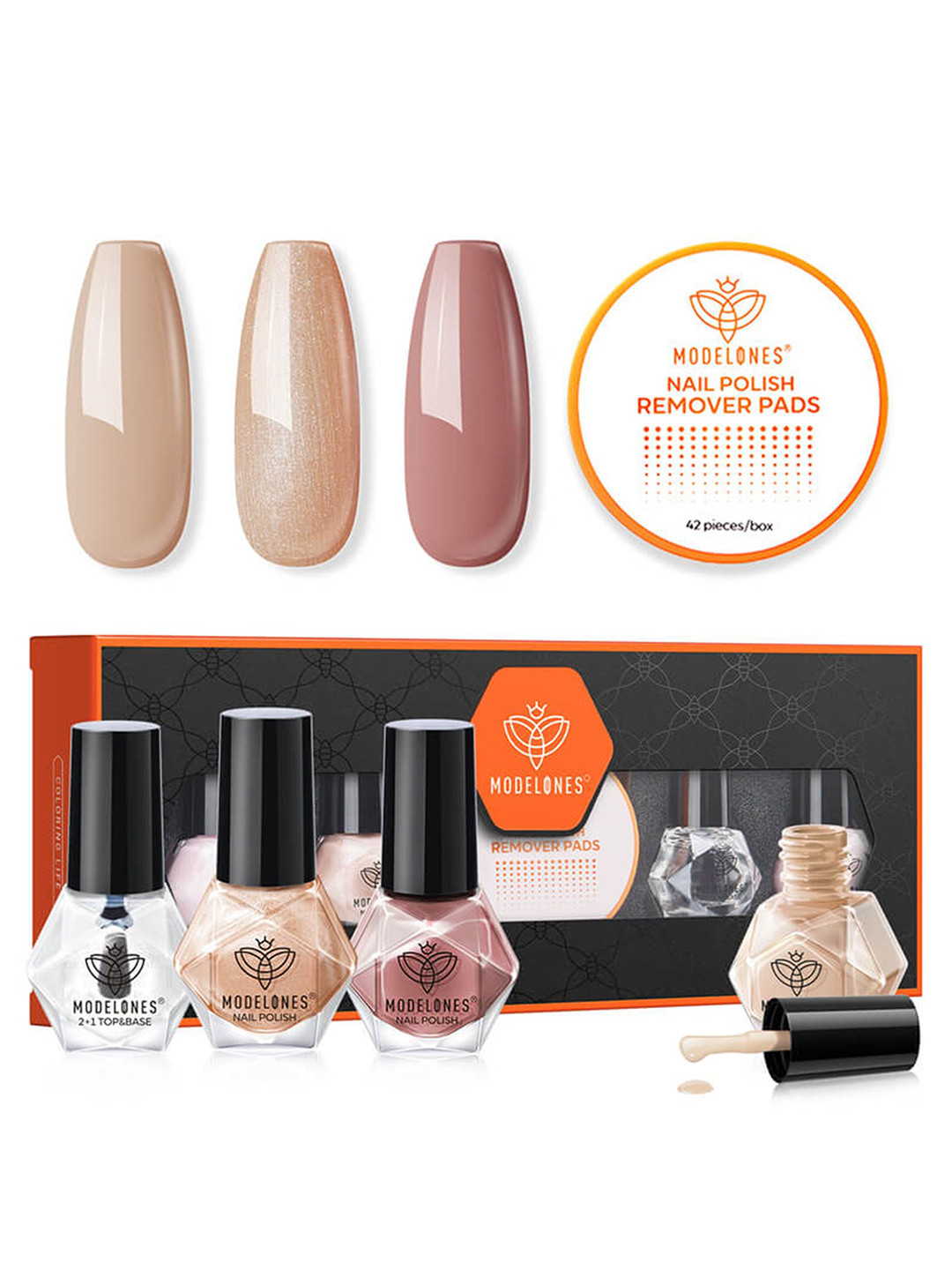 Modelones Set Of 5 Sorrel Nail Polish With Remover Pads & Top & Base - 5 ml Each, Brown
Modelones Set Of 5 Sorrel Nail Polish With Remover Pads & Top & Base - 5 ml Each, Brown