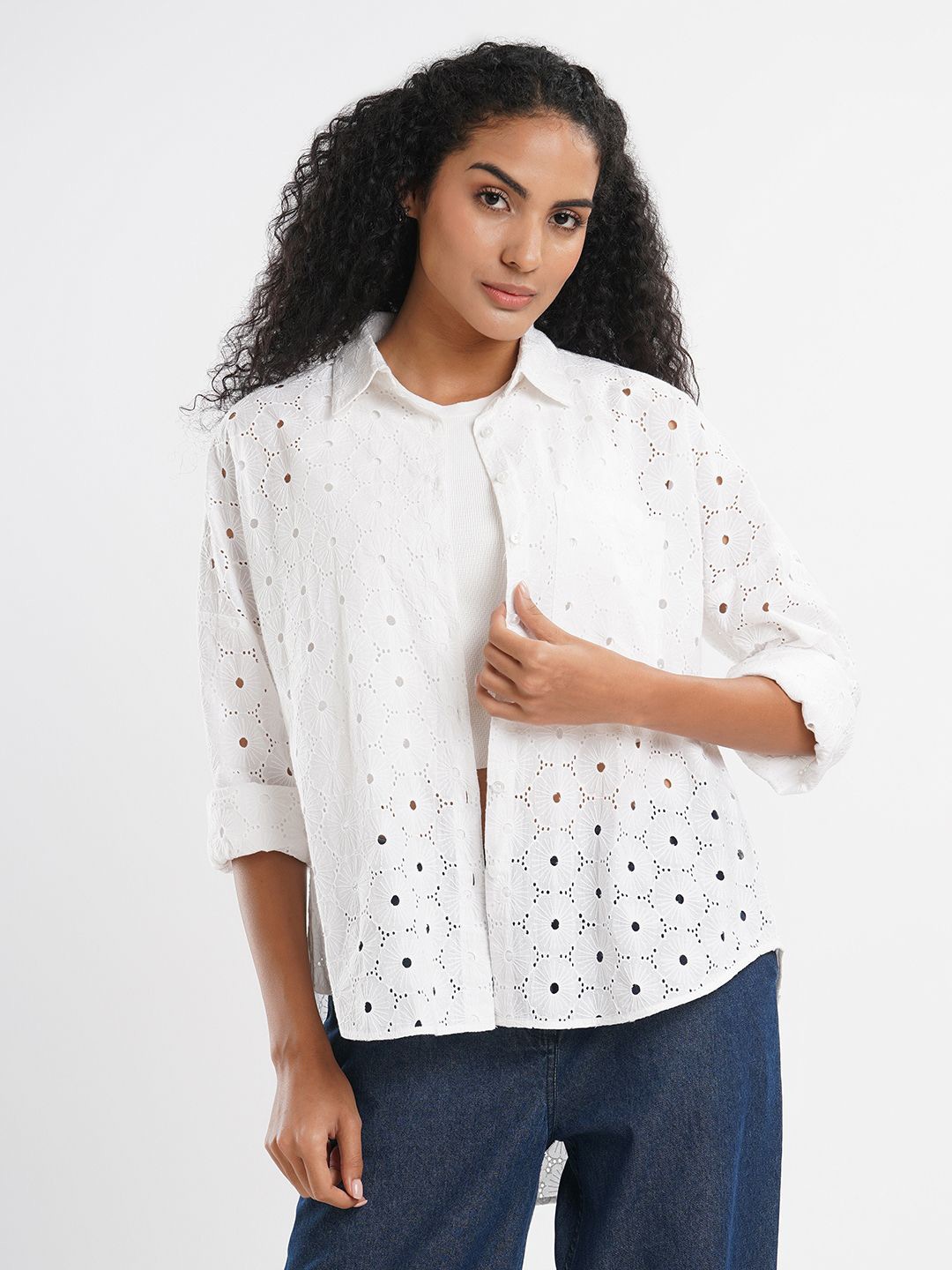 Bombay High Women Comfort Spread Collar Textured Cotton Oversized Casual Shirt, White
Bombay High Women Comfort Spread Collar Textured Cotton Oversized Casual Shirt, White