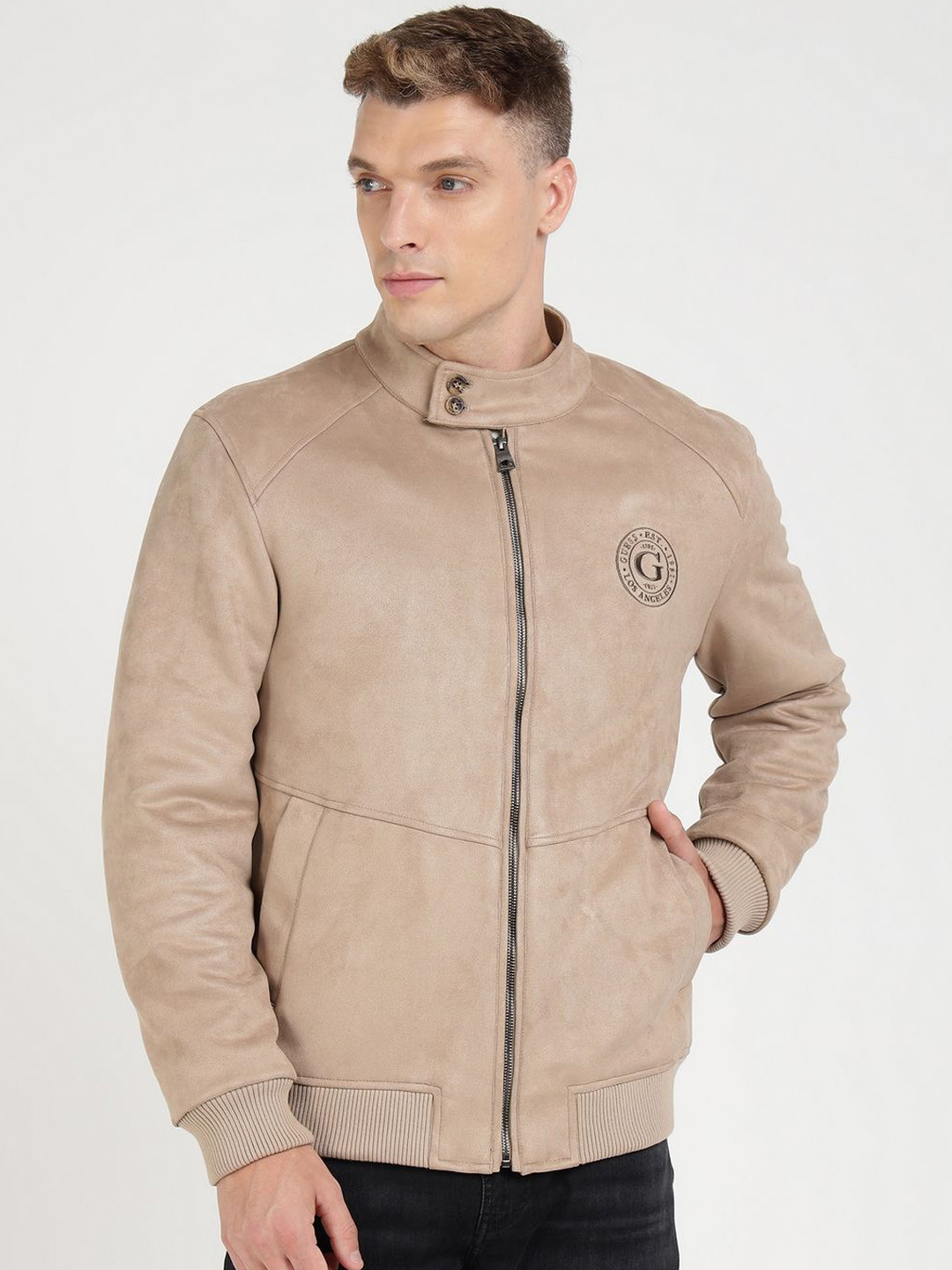 GUESS Men Mandarin Collar Solid Casual Bomber Jacket, Beige
GUESS Men Mandarin Collar Solid Casual Bomber Jacket, Beige