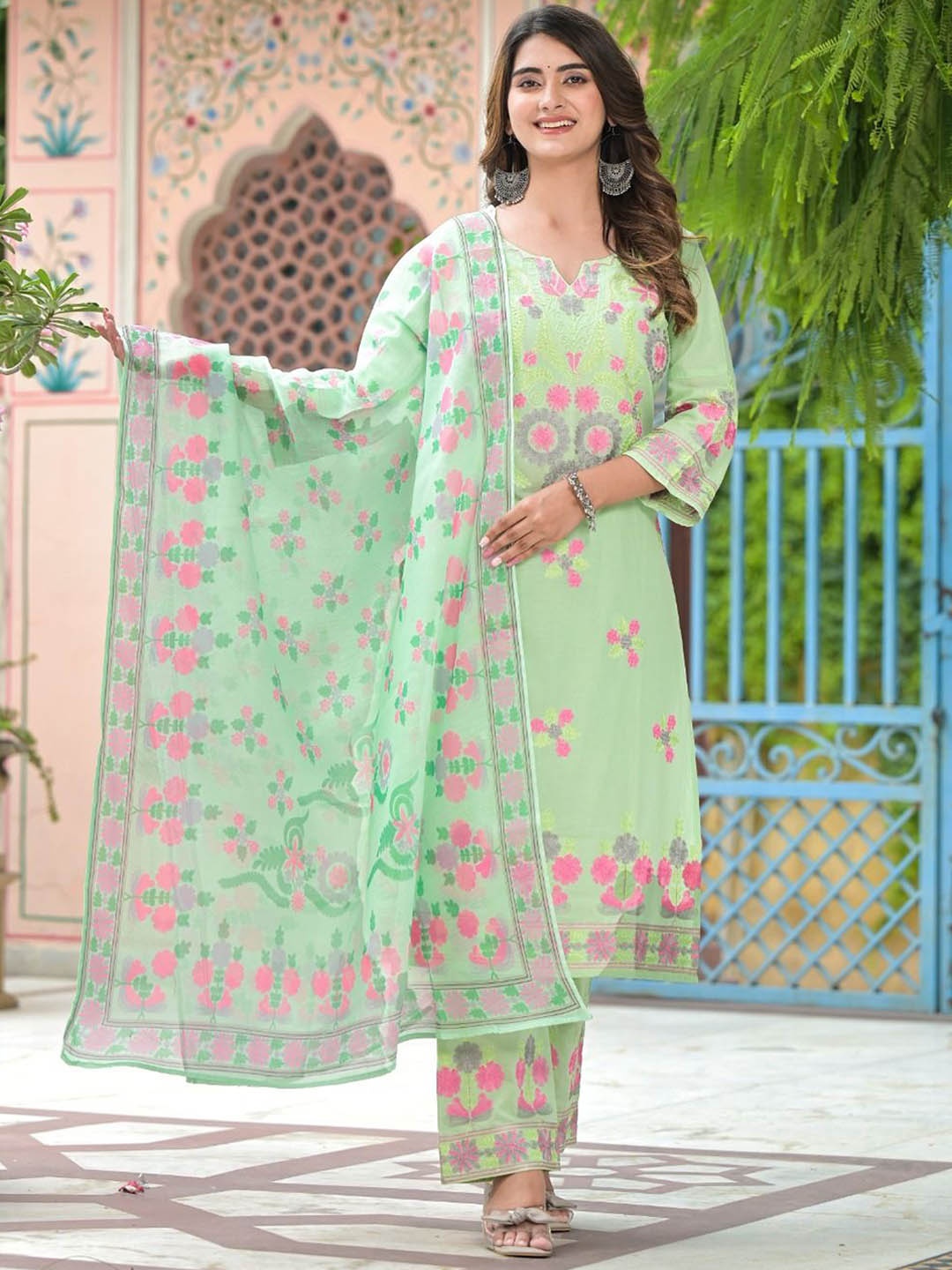 FLAVIA CREATION Notch Neck Floral Embroidered Pure Cotton Kurta with Trouser & Dupatta, Green
FLAVIA CREATION Notch Neck Floral Embroidered Pure Cotton Kurta with Trouser & Dupatta, Green