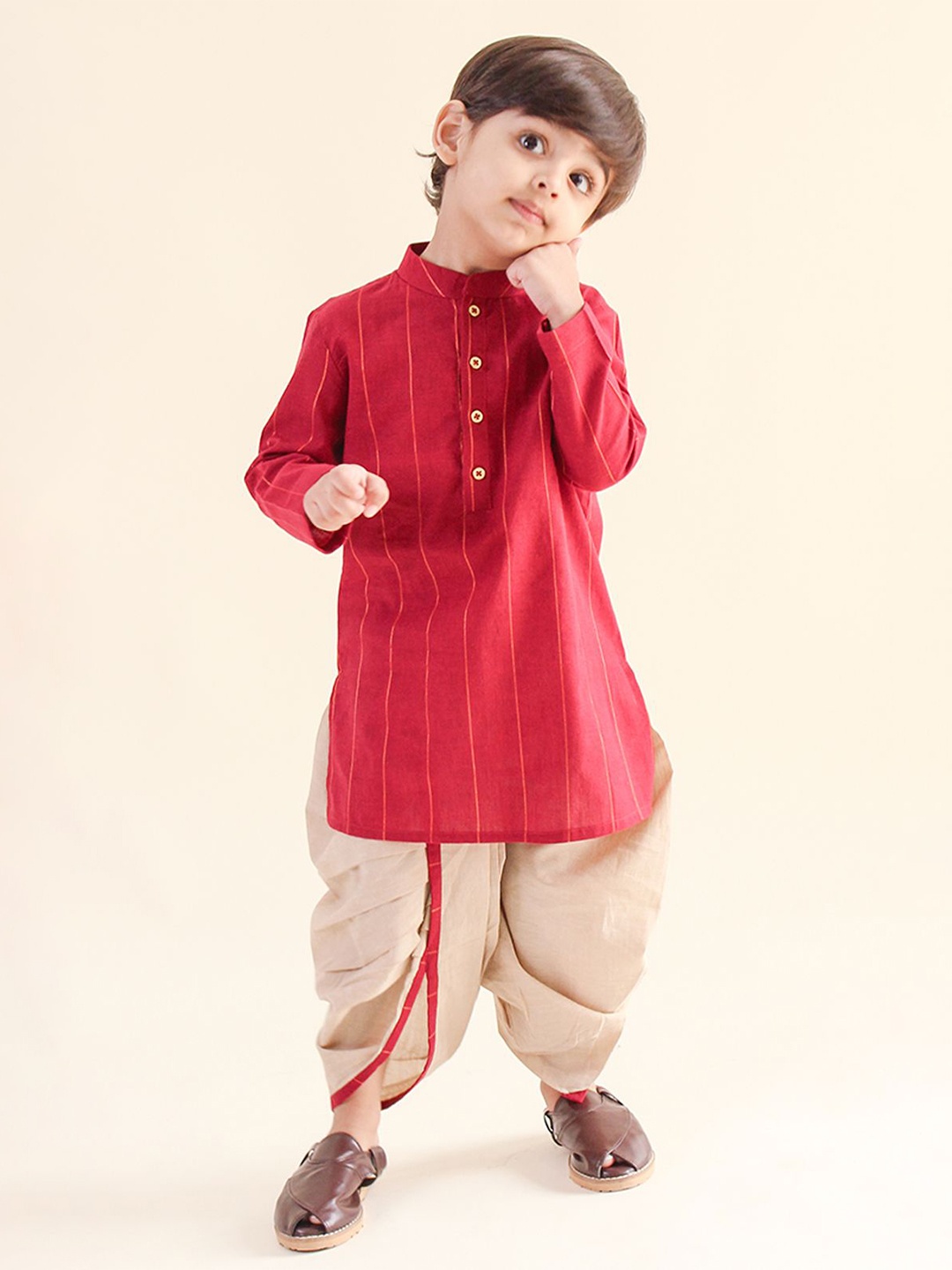 Tiber Taber Boys Striped Band Collar Pure Cotton Straight Kurta with Dhoti Pants, Maroon
Tiber Taber Boys Striped Band Collar Pure Cotton Straight Kurta with Dhoti Pants, Maroon