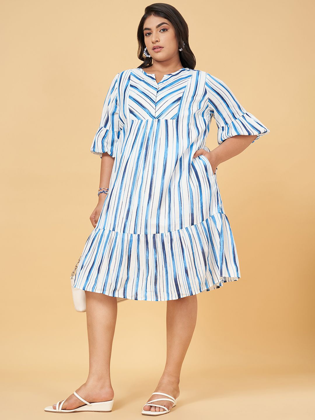 Honey Curvytude by Pantaloons Women Plus Size Striped Bell Sleeve A-Line Dress, Off white
Honey Curvytude by Pantaloons Women Plus Size Striped Bell Sleeve A-Line Dress, Off white