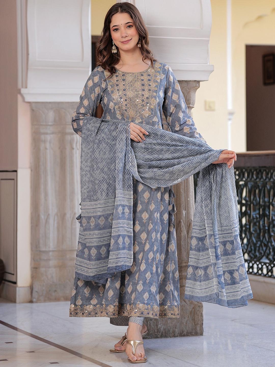 EKAKRITI Round Neck Floral Printed Mirror Work A-Line Kurta with Trouser & Dupatta, Grey
EKAKRITI Round Neck Floral Printed Mirror Work A-Line Kurta with Trouser & Dupatta, Grey