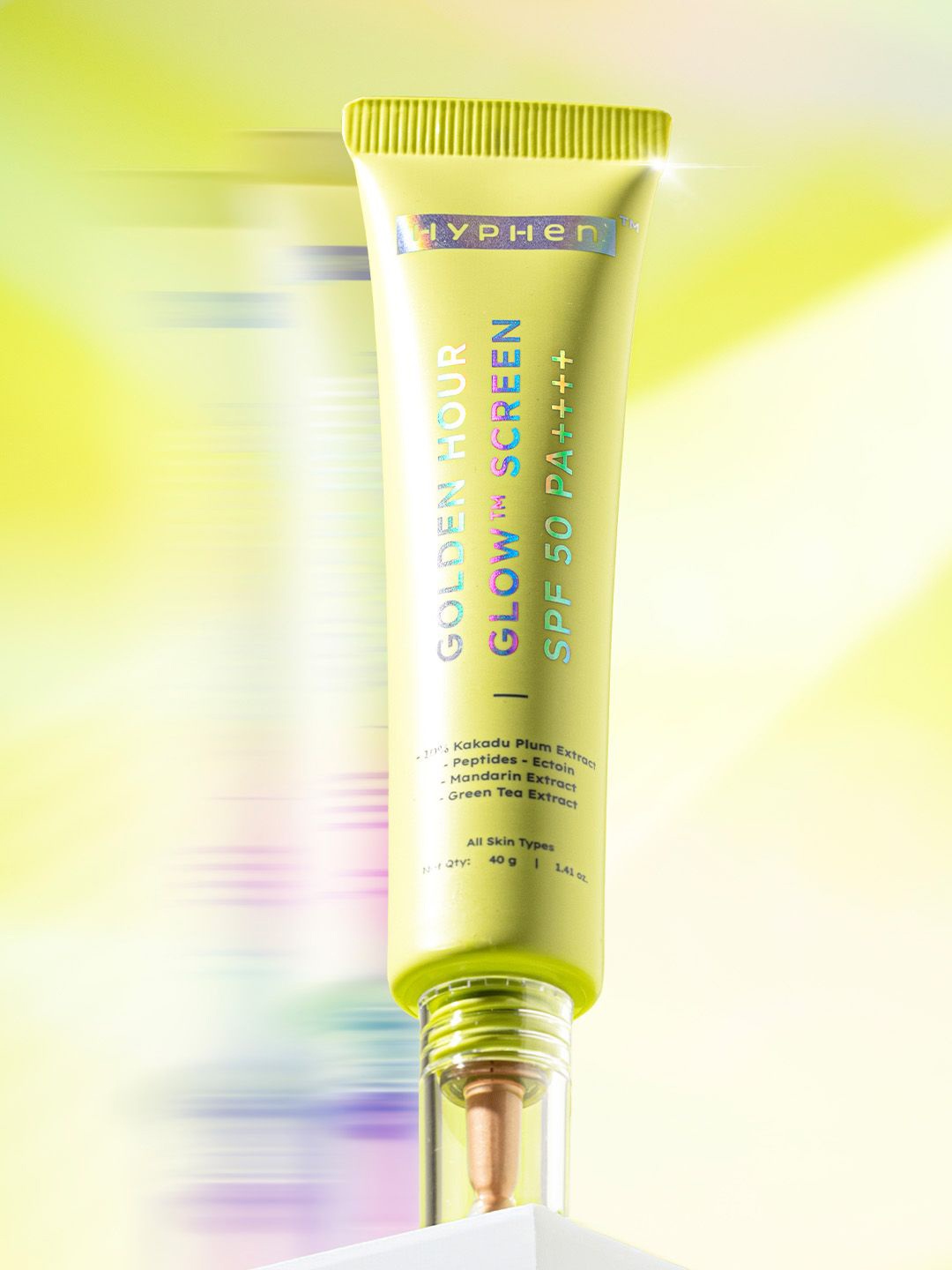 Hyphen Golden Hour Glow SPF50 PA++++ Sunscreen with Peptides & Mandarin Extract - 40 g, Lime green
Hyphen Golden Hour Glow SPF50 PA++++ Sunscreen with Peptides & Mandarin Extract - 40 g, Lime green
