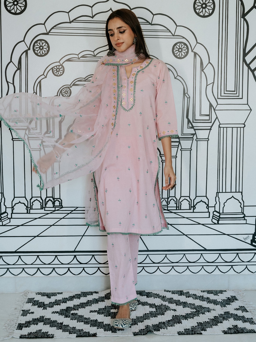 GulaboJaipur Ethnic Motifs Embroidered Pure Cotton Straight Kurta With Trousers & Dupatta, Pink
GulaboJaipur Ethnic Motifs Embroidered Pure Cotton Straight Kurta With Trousers & Dupatta, Pink