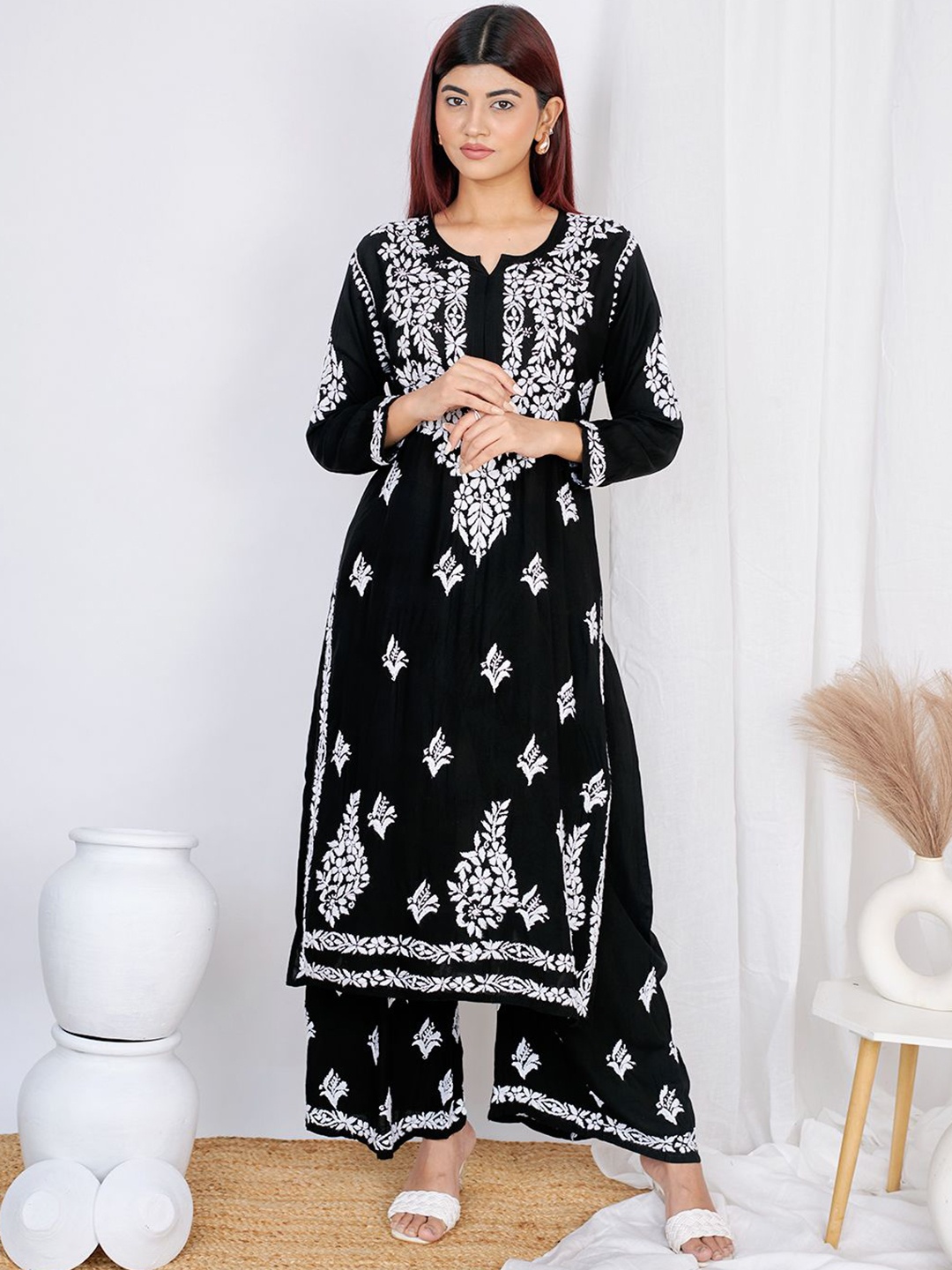 The Chikan Label Ethnic Motifs Embroidered Chikankari Straight Kurta with Palazzos, Black
The Chikan Label Ethnic Motifs Embroidered Chikankari Straight Kurta with Palazzos, Black