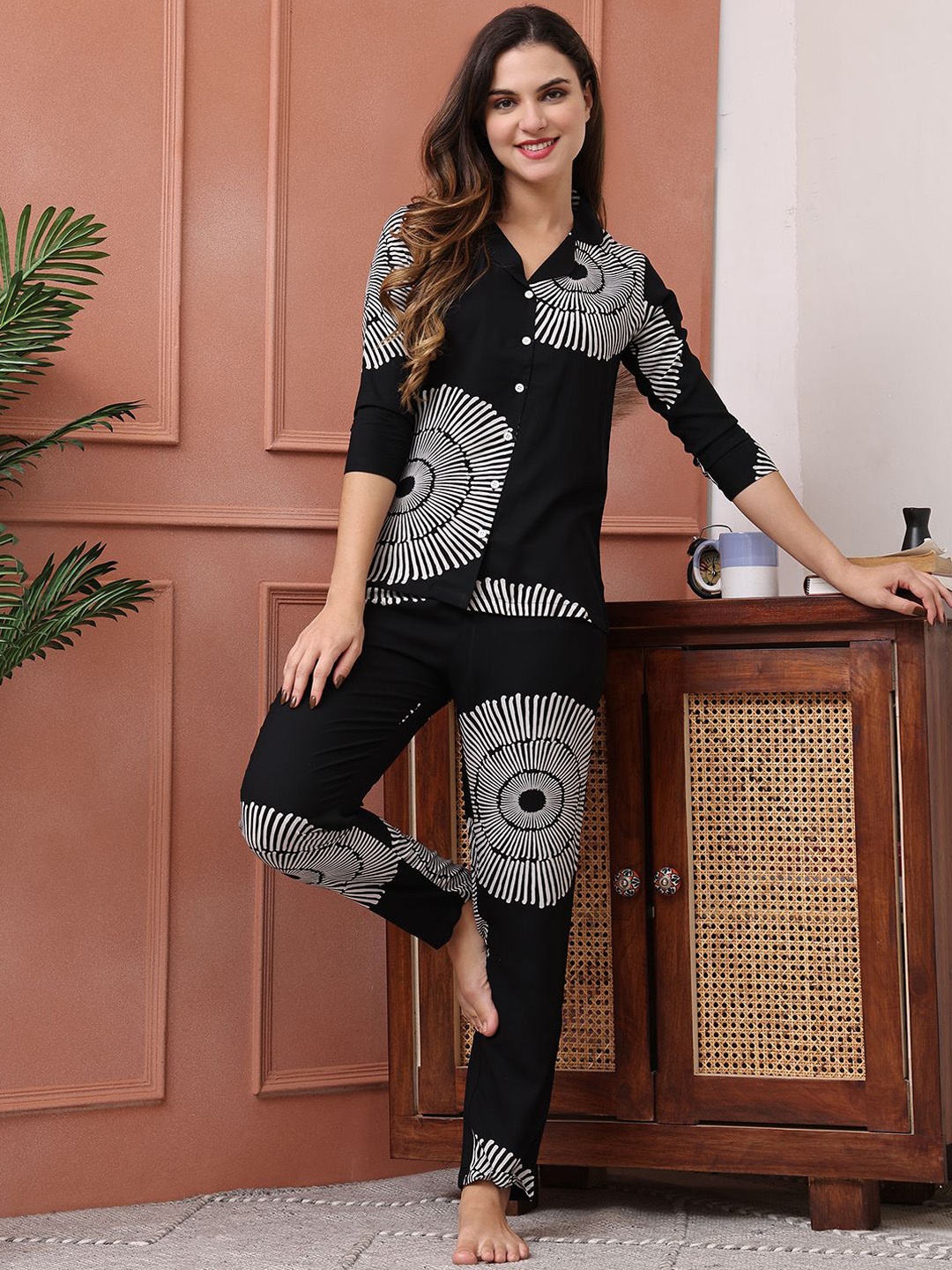 Boston Club Women Printed Mandarin Collar Three-Quarter Sleeves Slip-On Night suit, Black
Boston Club Women Printed Mandarin Collar Three-Quarter Sleeves Slip-On Night suit, Black