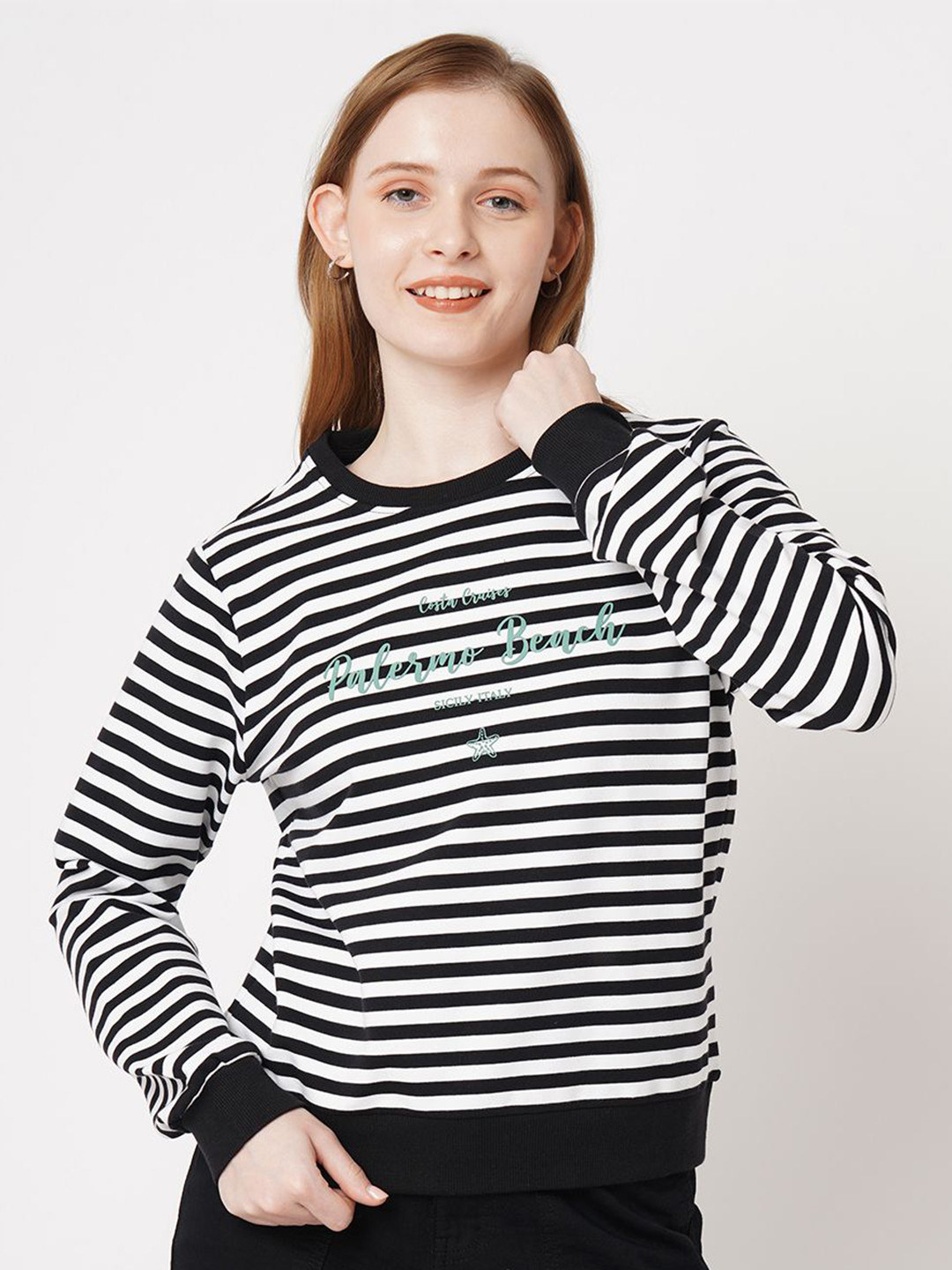 Kraus Jeans Women Striped Printed Round Neck Pullover Sweatshirt, Black
Kraus Jeans Women Striped Printed Round Neck Pullover Sweatshirt, Black