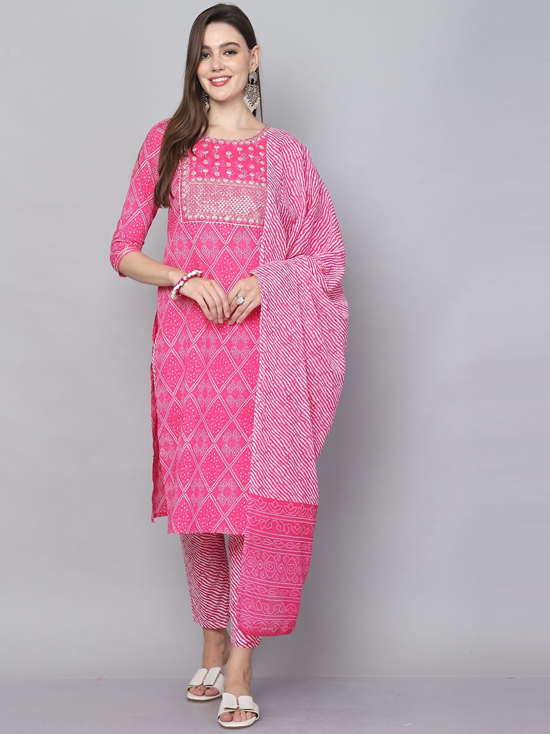 KALINI Bandhani Printed Sequinned Pure Cotton Straight Kurta With Trouser & Dupatta, Pink
KALINI Bandhani Printed Sequinned Pure Cotton Straight Kurta With Trouser & Dupatta, Pink