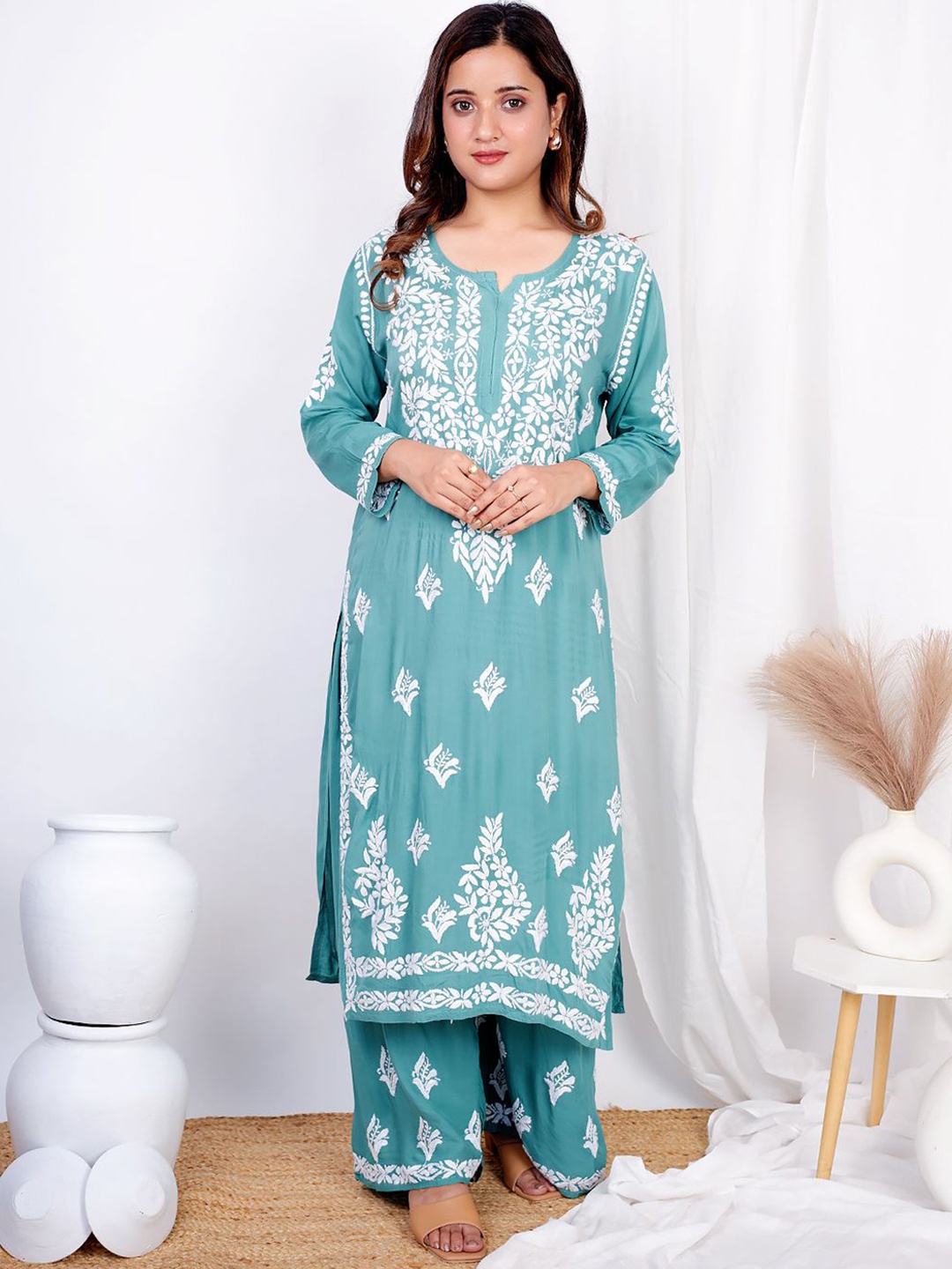 The Chikan Label Ethnic Motifs Embroidered Chikankari Straight Kurta With Palazzo, Green
The Chikan Label Ethnic Motifs Embroidered Chikankari Straight Kurta With Palazzo, Green