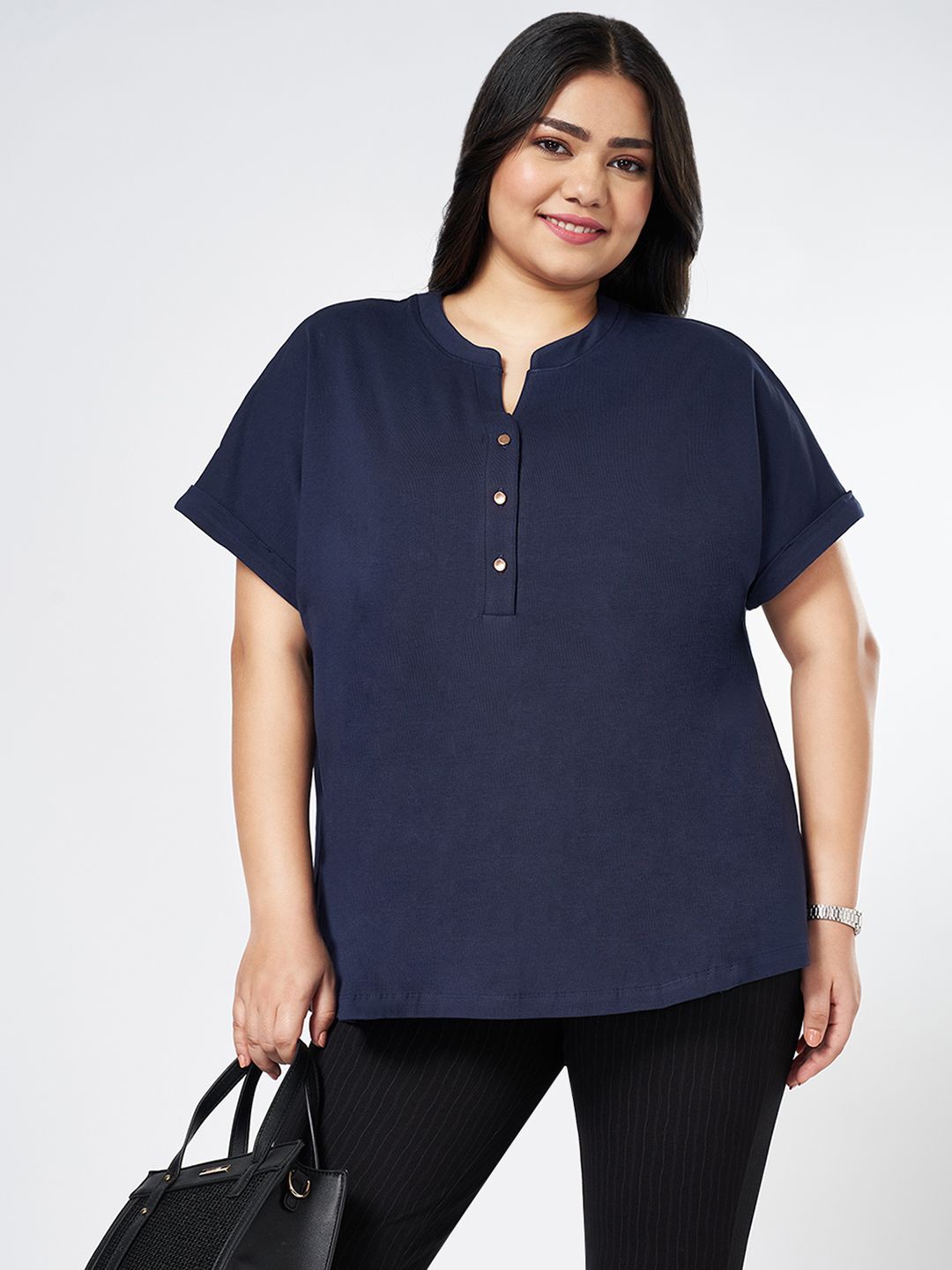 Honey Curvytude by Pantaloons Women Mandarin Collar Cotton Plus Size Regular Top, Navy blue
Honey Curvytude by Pantaloons Women Mandarin Collar Cotton Plus Size Regular Top, Navy blue