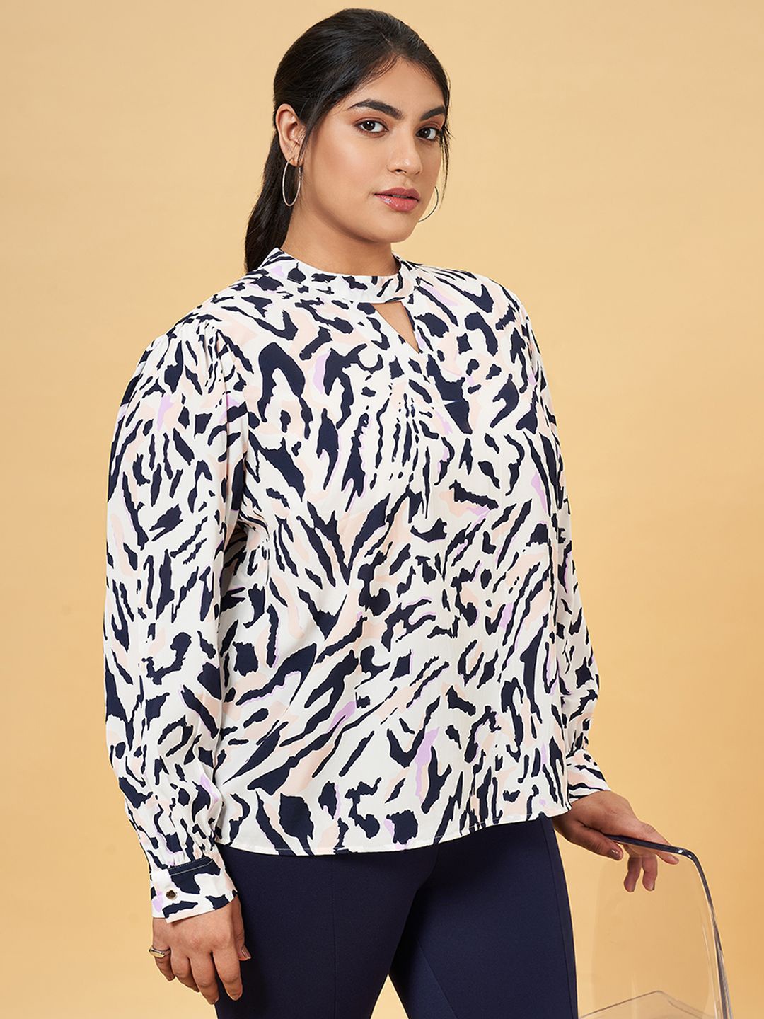 Honey Curvytude by Pantaloons Women Plus Size Animal Printed Mandarin Collar Top, Off white
Honey Curvytude by Pantaloons Women Plus Size Animal Printed Mandarin Collar Top, Off white
