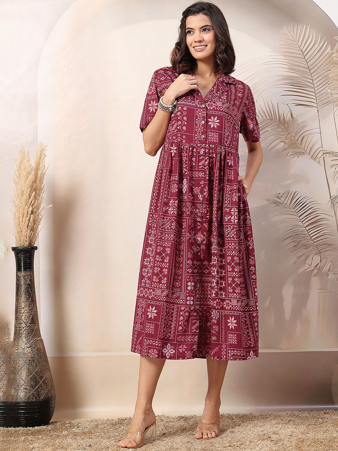 House Of Zelena Women Ethnic Motifs Printed Maternity Fit and Flare Midi Dress, Maroon
House Of Zelena Women Ethnic Motifs Printed Maternity Fit and Flare Midi Dress, Maroon