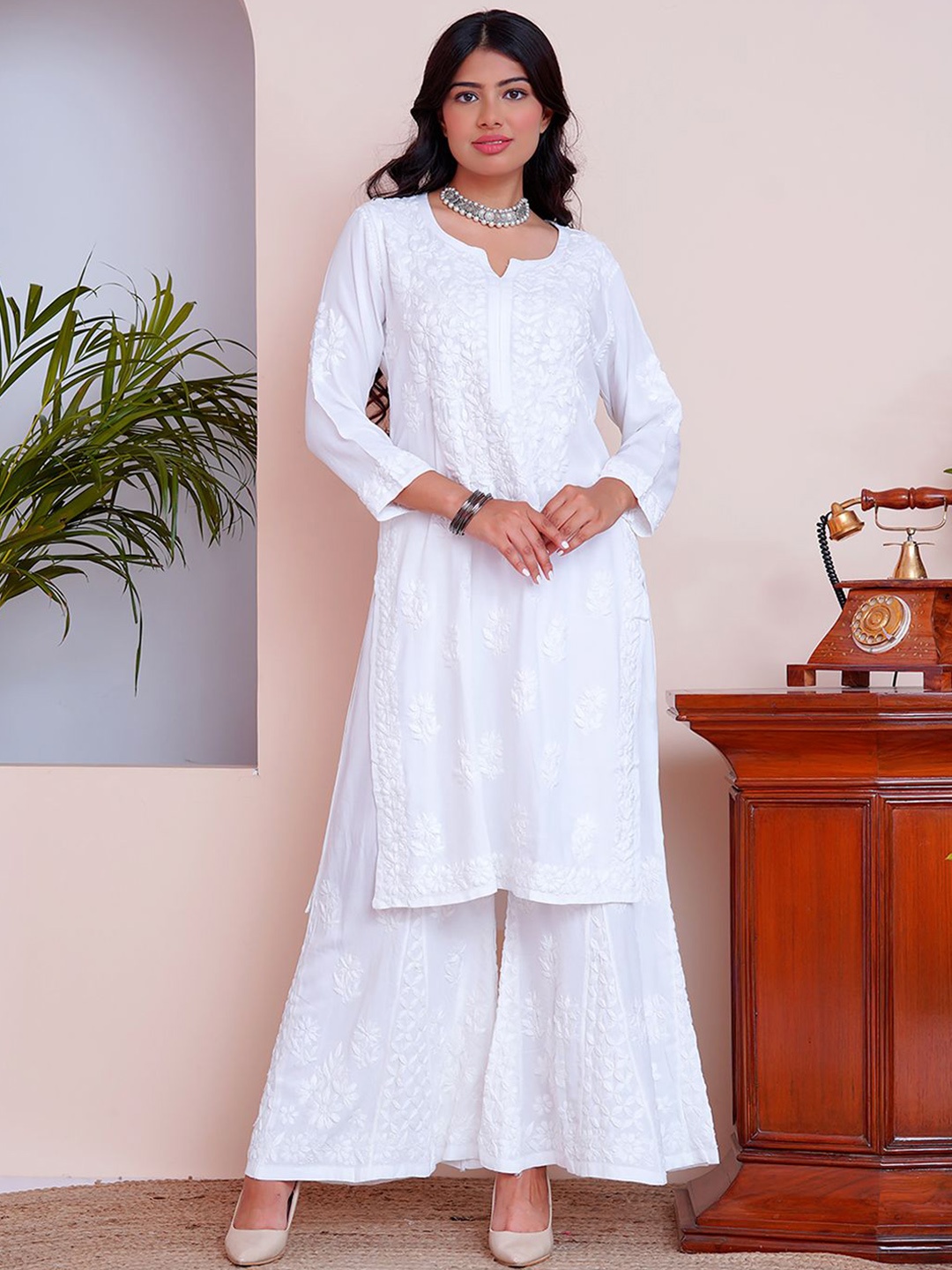 The Chikan Label Ethnic Motifs Embroidered Chikankari Straight Kurta With Palazzo, White
The Chikan Label Ethnic Motifs Embroidered Chikankari Straight Kurta With Palazzo, White