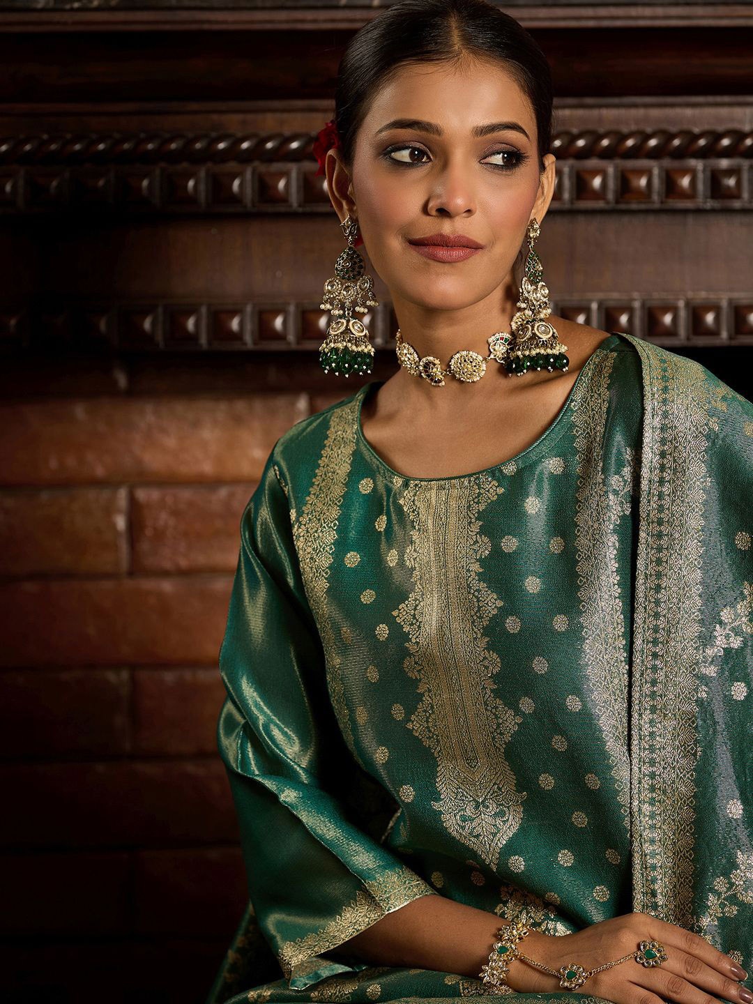 Indo Era Ethnic Motifs Woven Design Zari Straight Kurta With Trousers & Dupatta, Green
Indo Era Ethnic Motifs Woven Design Zari Straight Kurta With Trousers & Dupatta, Green