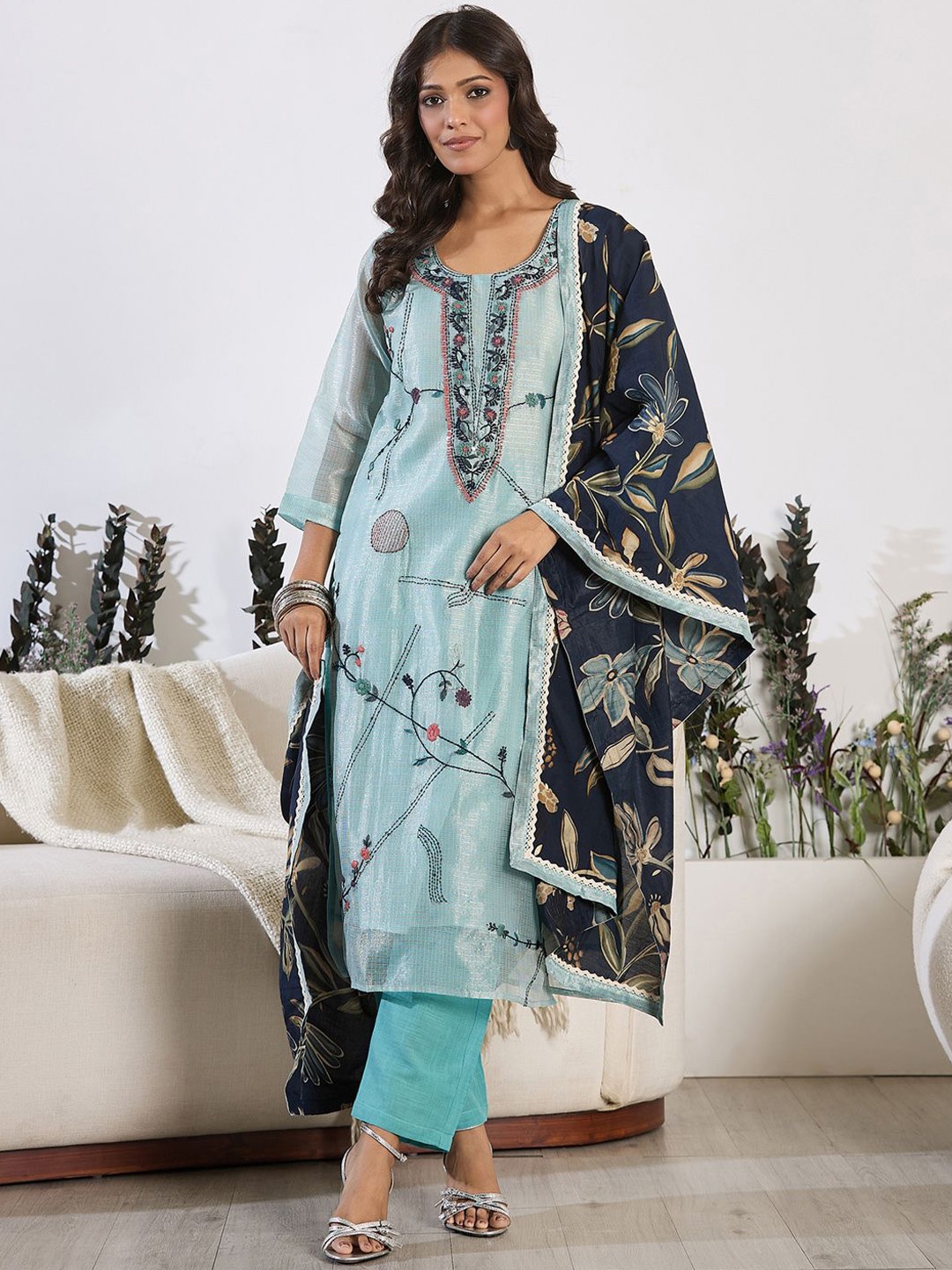 Indo Era Floral Embroidered Thread Work Pure Cotton Kurta with Trouser & Dupatta, Blue
Indo Era Floral Embroidered Thread Work Pure Cotton Kurta with Trouser & Dupatta, Blue