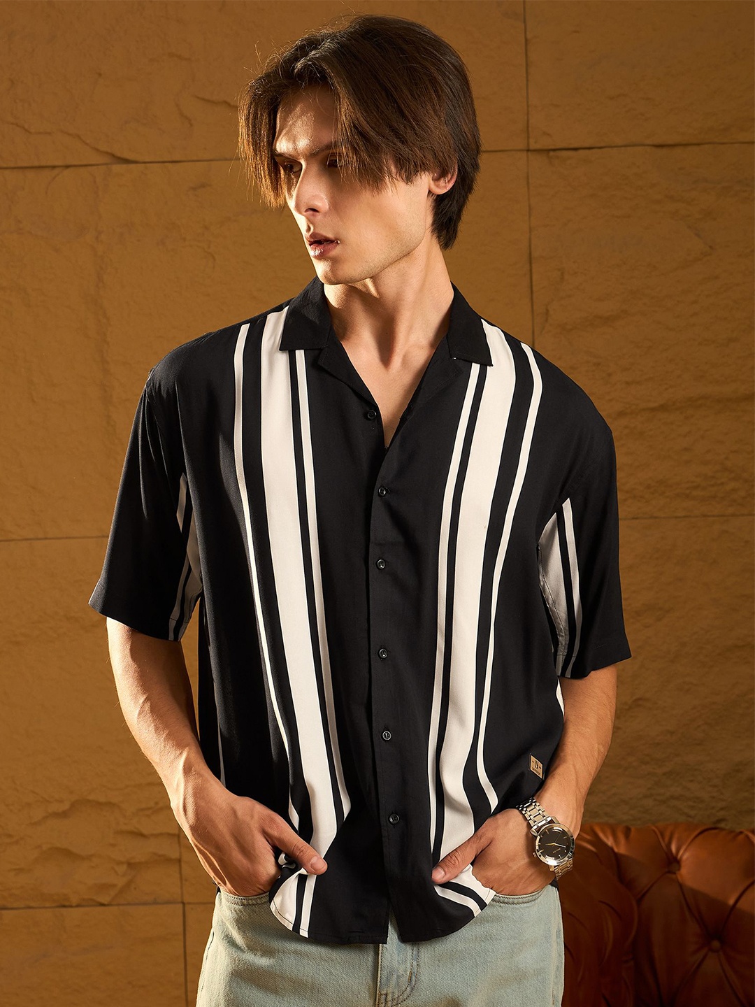 DENNISON Men Relaxed Cuban Collar Vertical Striped Oversized Casual Shirt, Black
DENNISON Men Relaxed Cuban Collar Vertical Striped Oversized Casual Shirt, Black